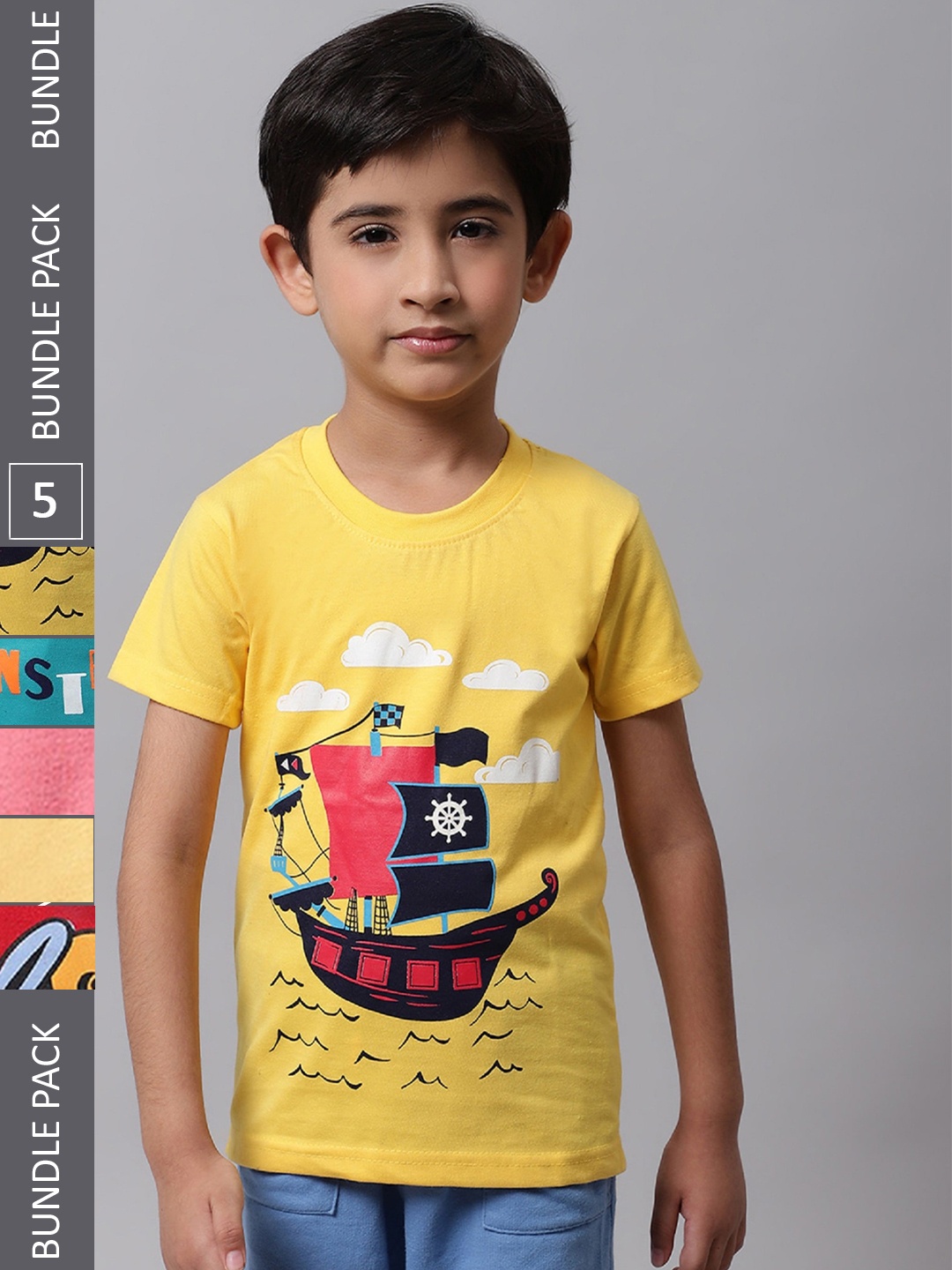 

BAESD Boys Pack Of 5 Graphic Printed Cotton T-shirt, Yellow