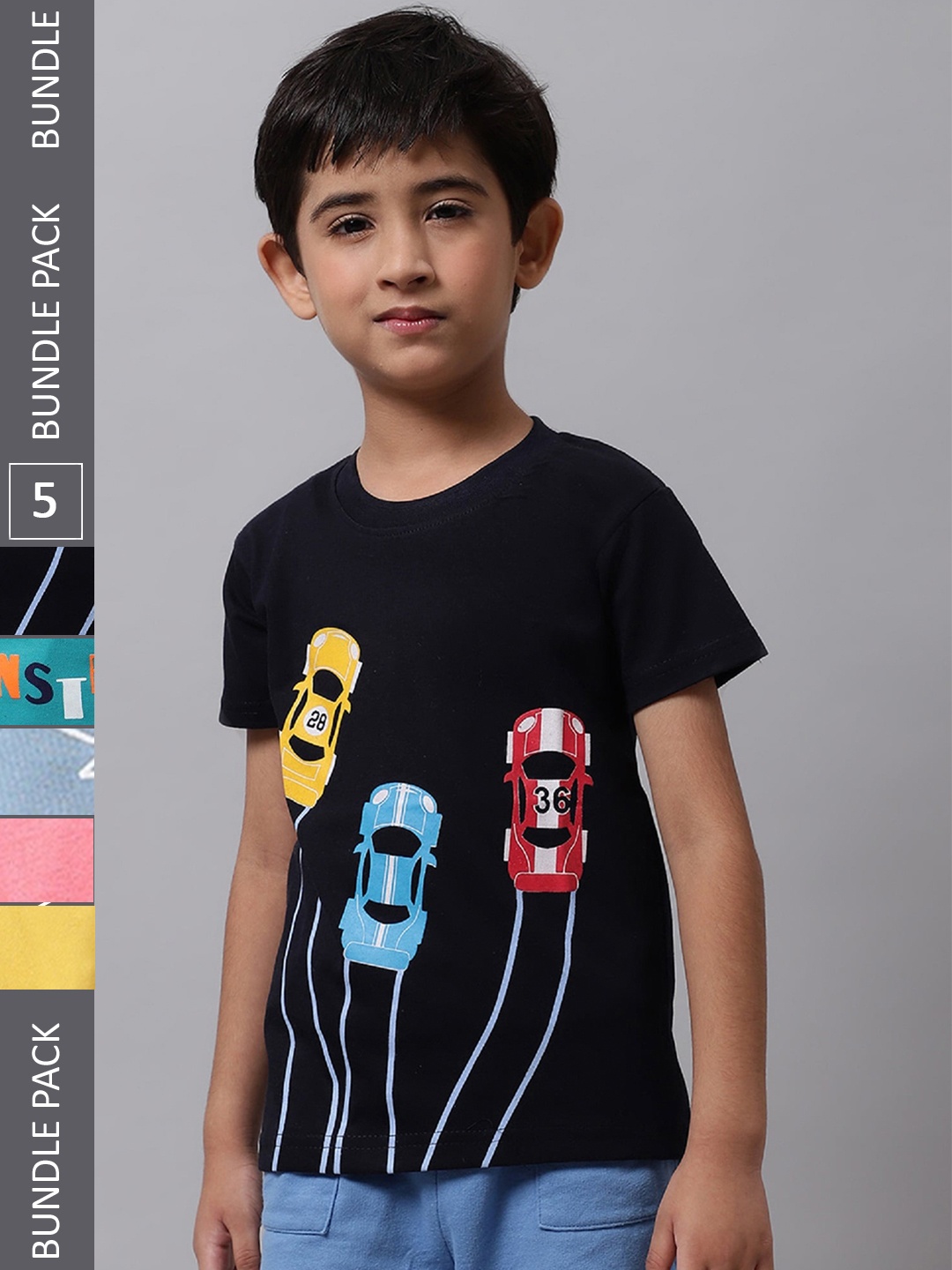 

BAESD Boys Pack Of 5 Graphic Printed Cotton T-shirt, Navy blue