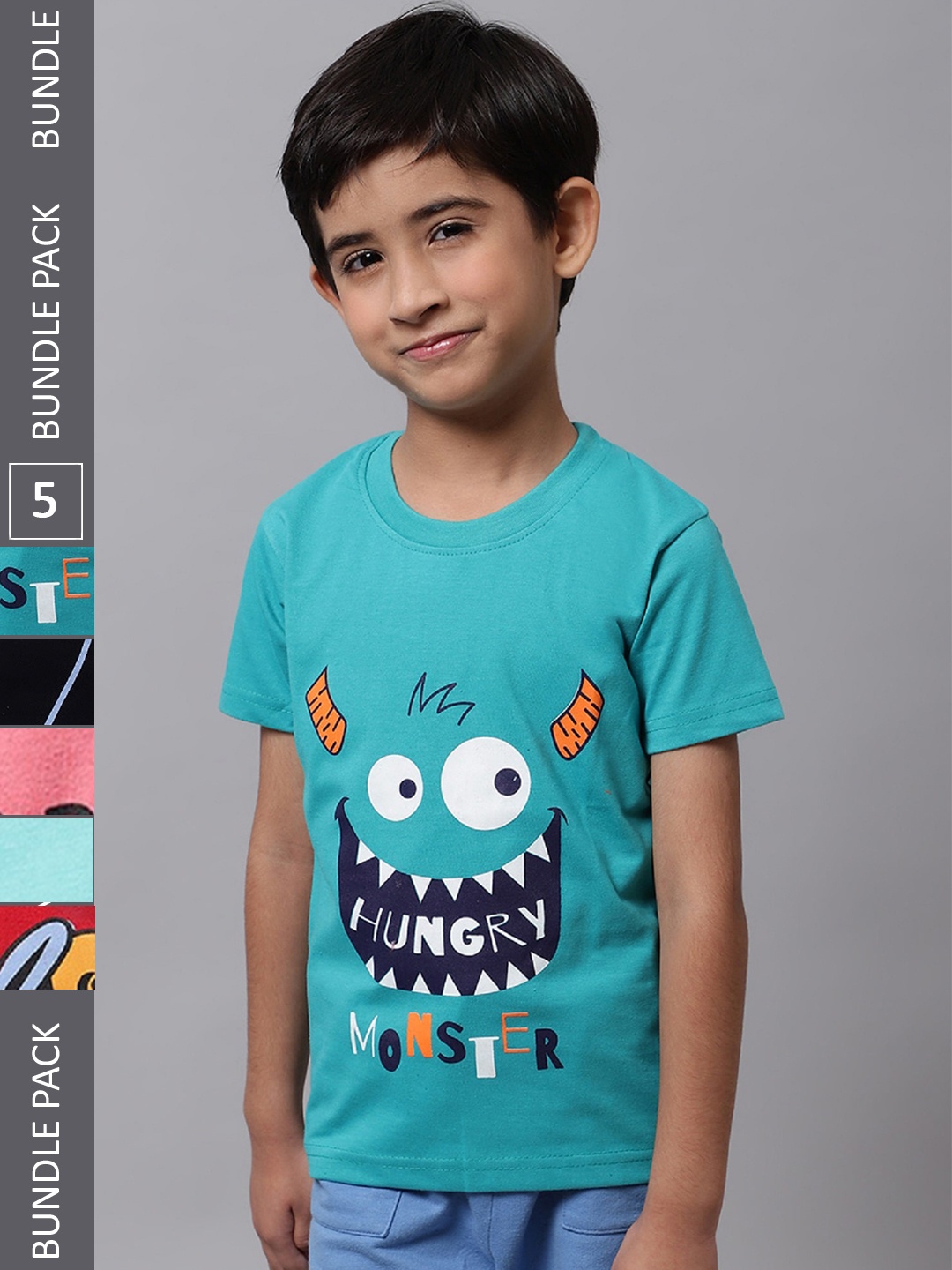 

BAESD Boys Pack Of 5 Graphic Printed Cotton T-shirt, Blue