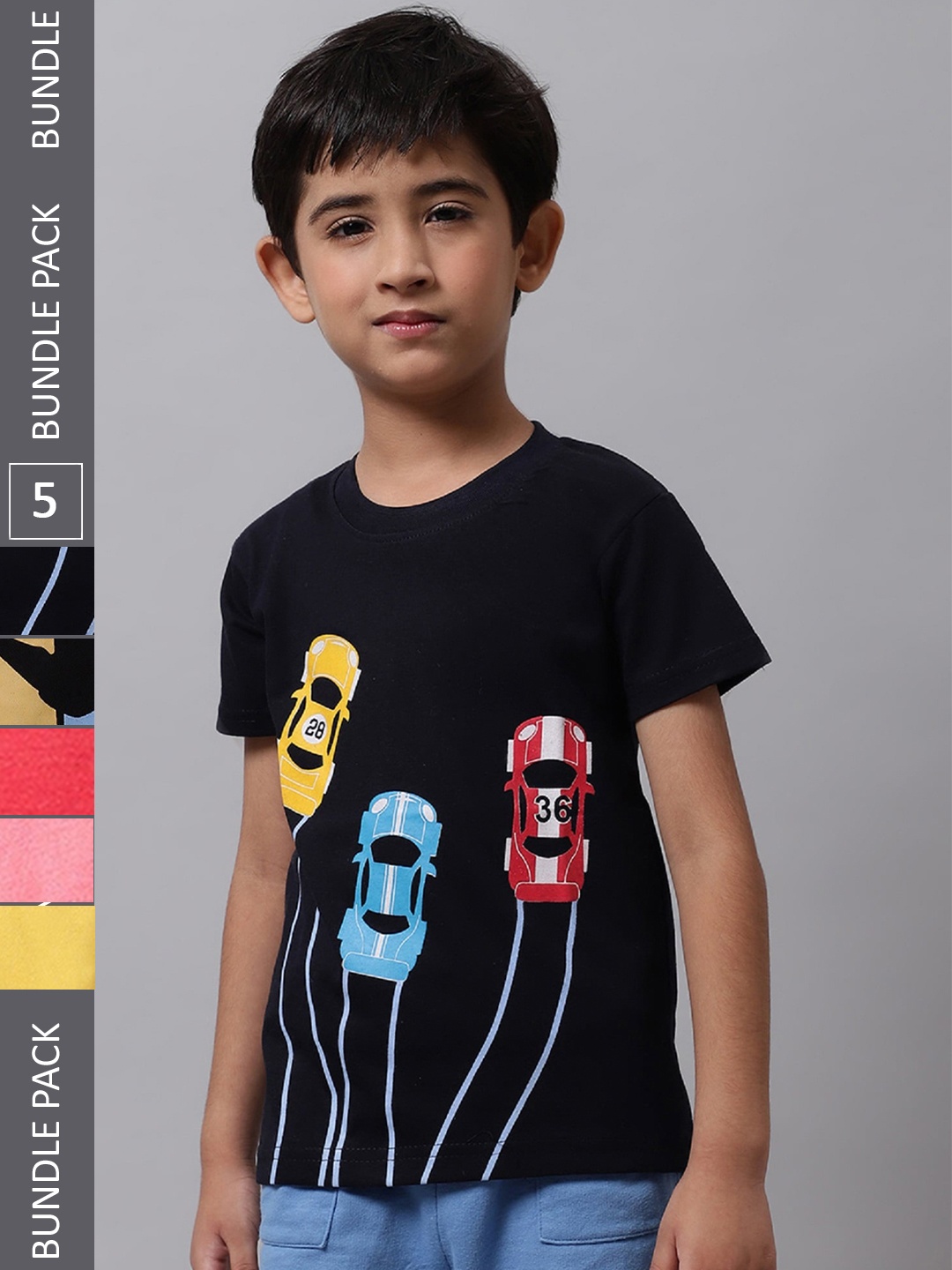 

BAESD Boys Pack Of 5 Graphic Printed Cotton T-shirt, Navy blue