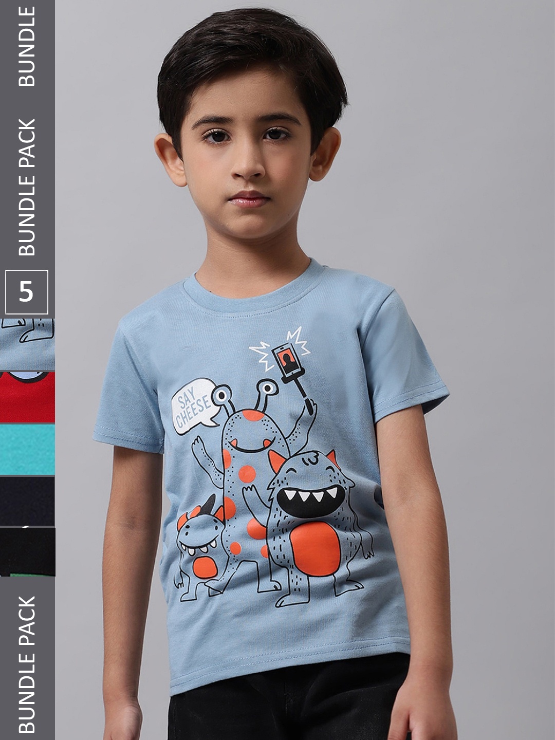 

BAESD Boys Pack Of 5 Graphic Printed Knitted Cotton T-Shirts, Grey