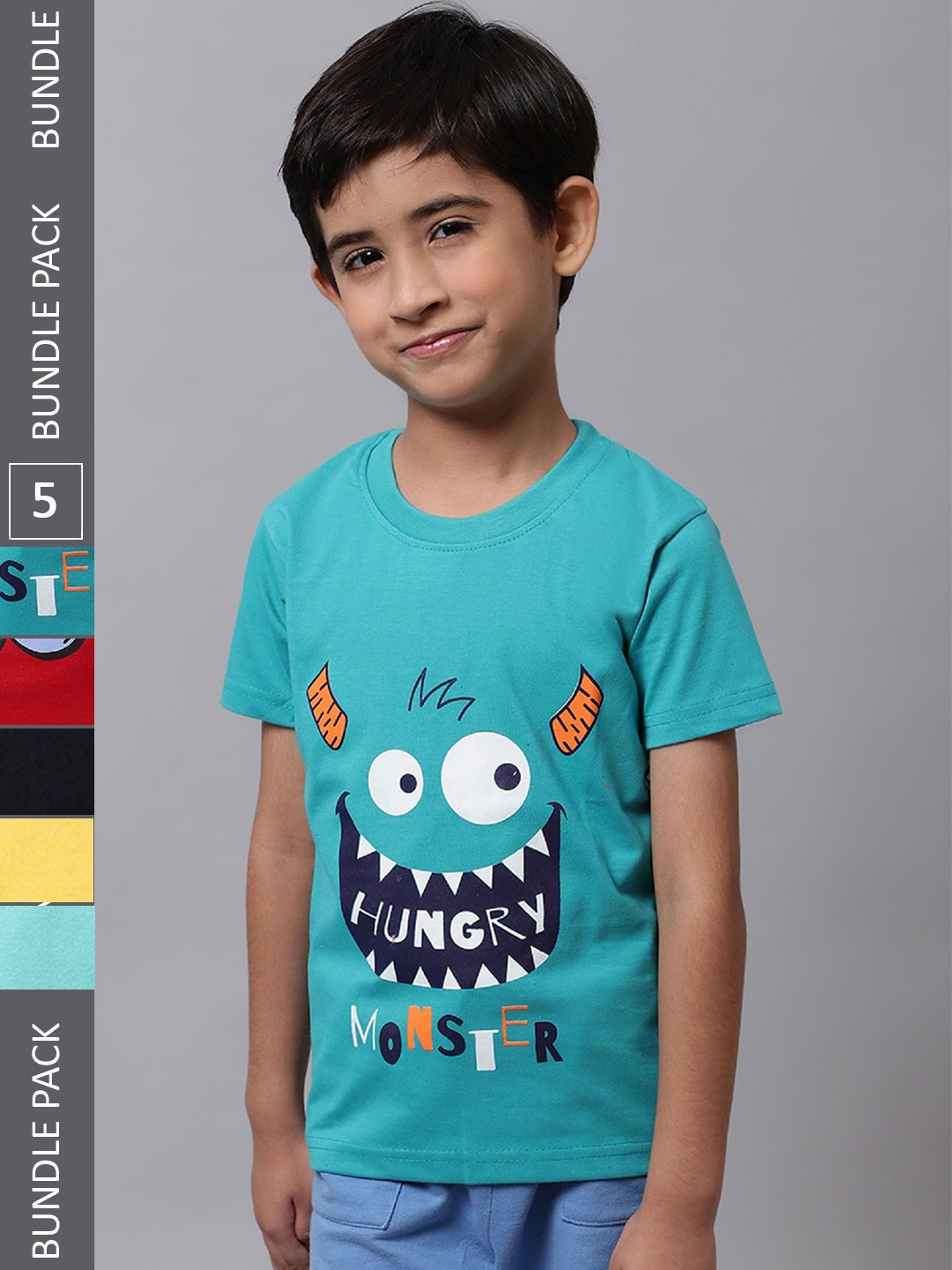

BAESD Boys Pack Of 5 Graphic Printed Round Neck Cotton T-shirt, Blue