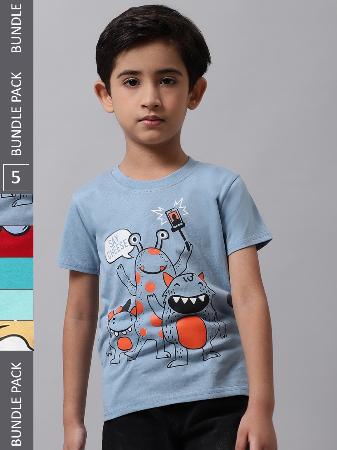 

BAESD Boys Pack Of 5 Graphic Printed Round Neck Cotton T-shirt, Grey