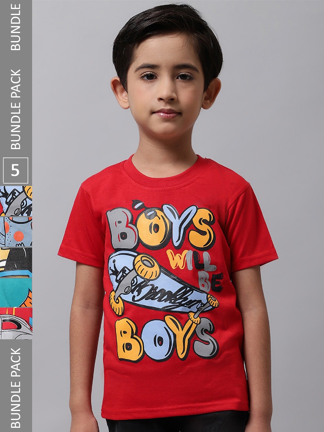 

BAESD Boys Pack Of 5 Graphic Printed Cotton T-shirts, Red