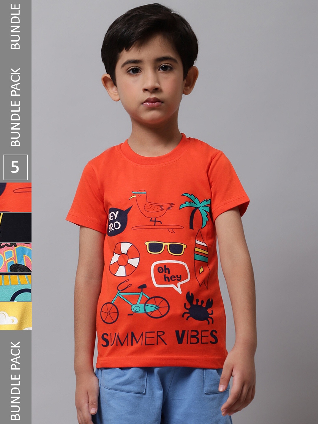 

BAESD Boys Pack Of 5 Graphic Printed Regular Fit Cotton Tshirt, Orange