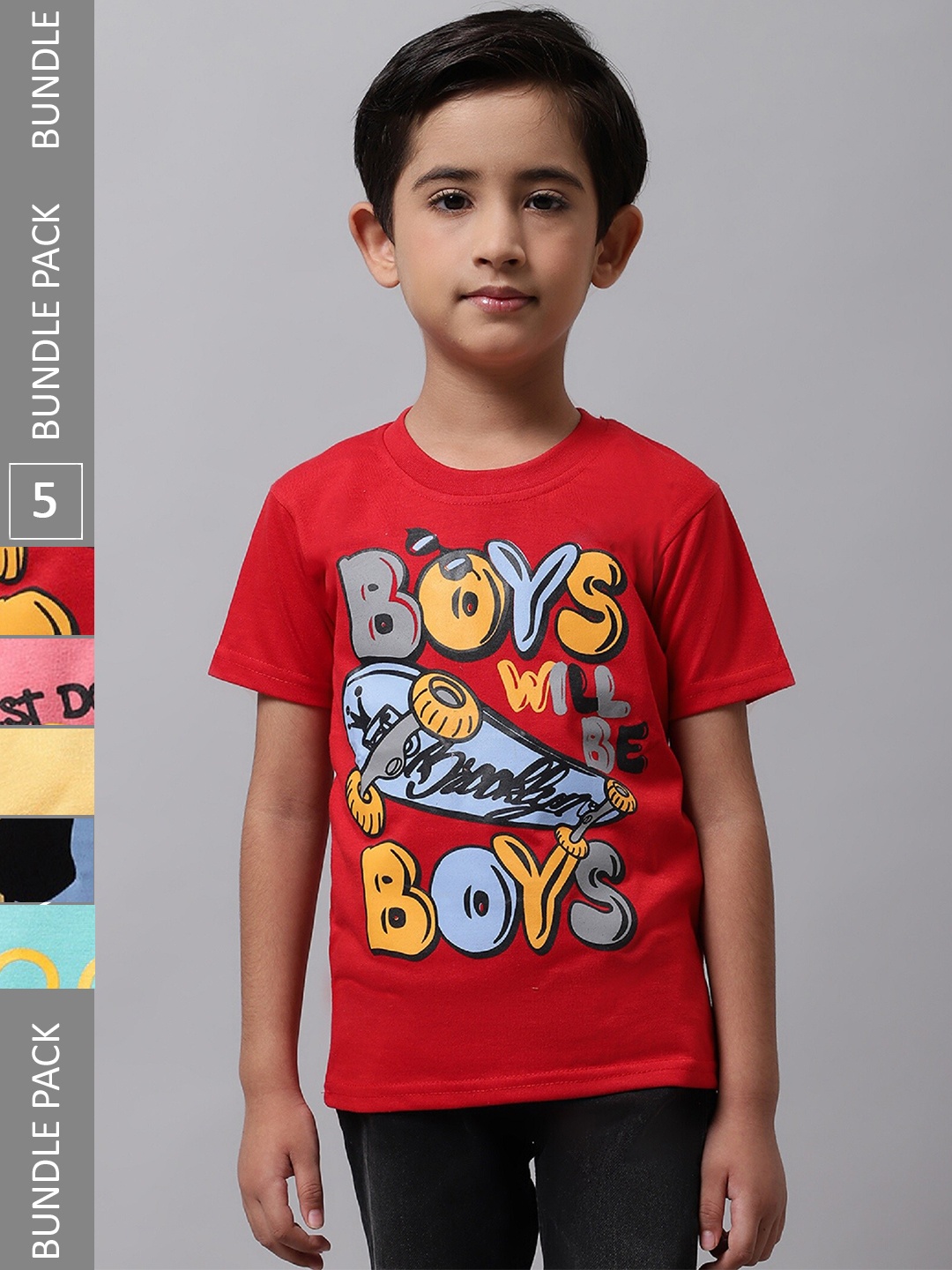 

BAESD Boys Pack of 5 Printed Cotton T-shirts, Red