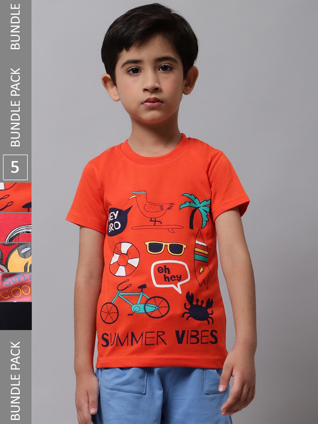 

BAESD Boys Pack Of 5 Printed Round Neck Cotton T-shirts, Orange