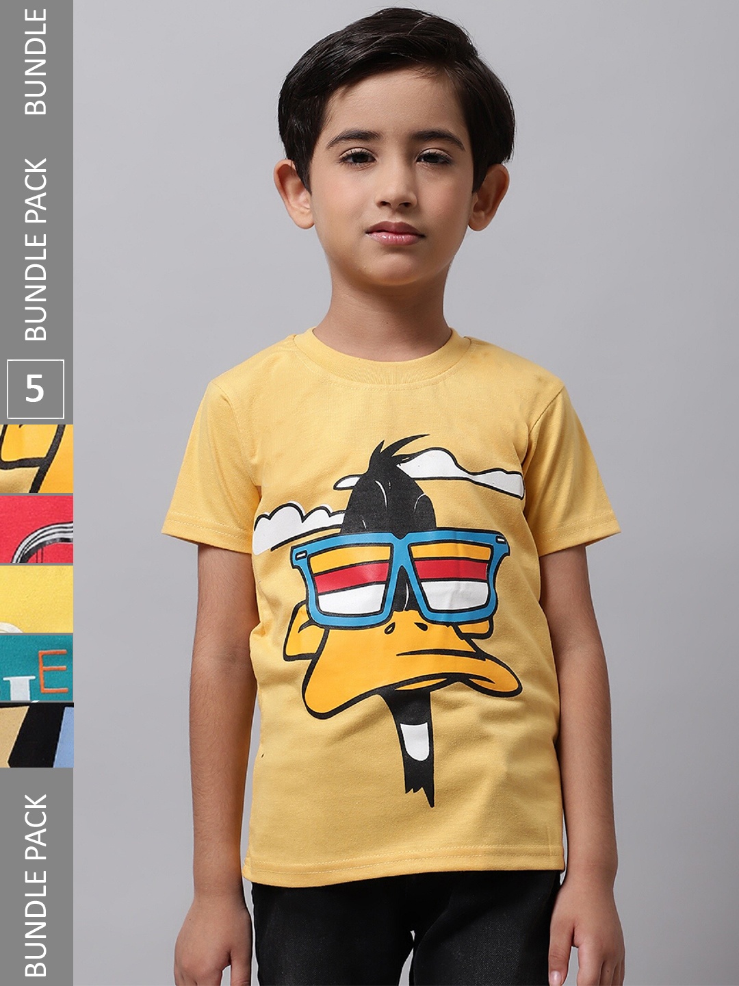 

BAESD Boys Pack Of 5 Graphic Printed Cotton T-shirts, Yellow