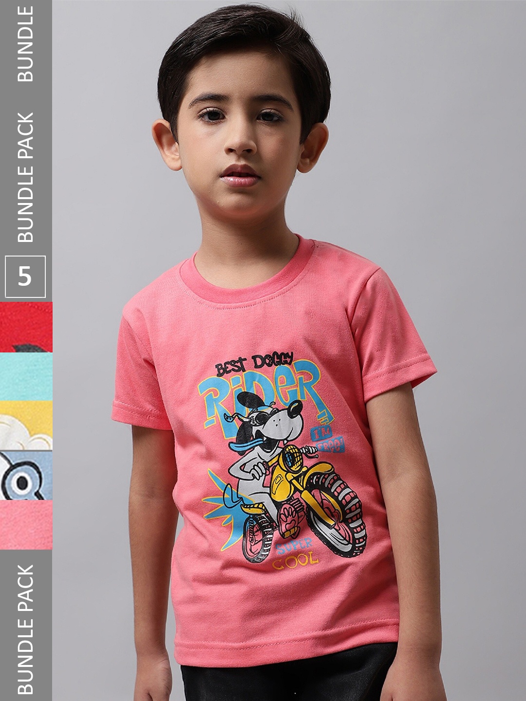 

BAESD Pack Of 5 Boys Graphic Printed Round Neck Cotton T-Shirt, Pink