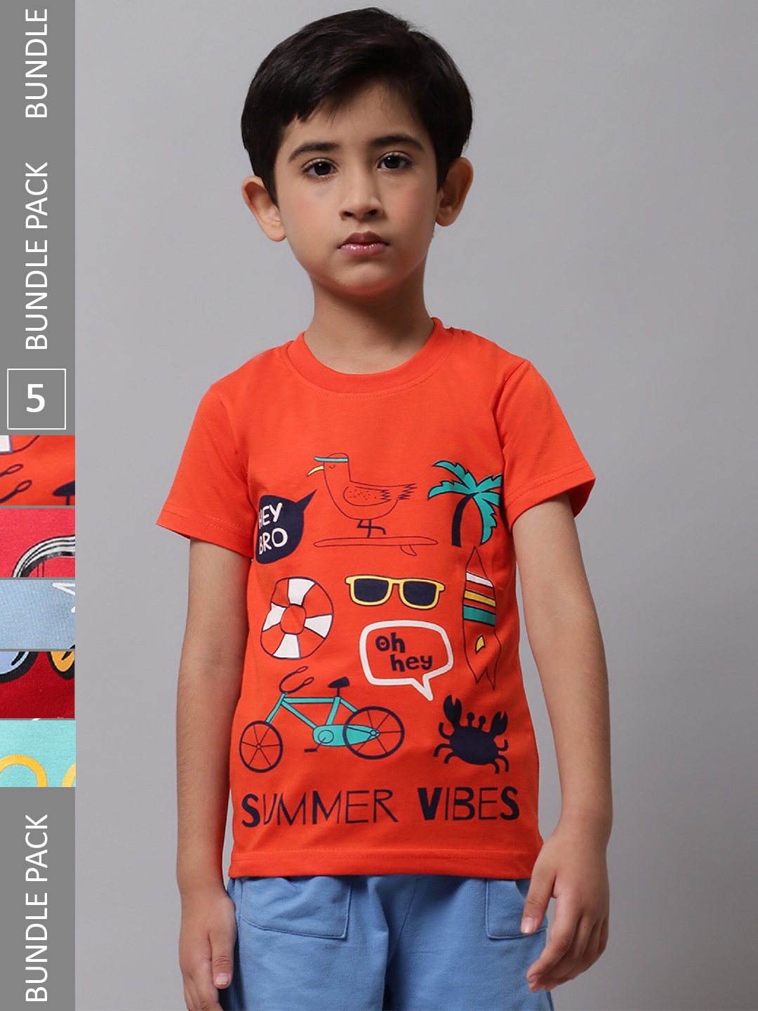 

BAESD Boys Pack Of 5 Graphic Printed Cotton T-Shirt, Orange