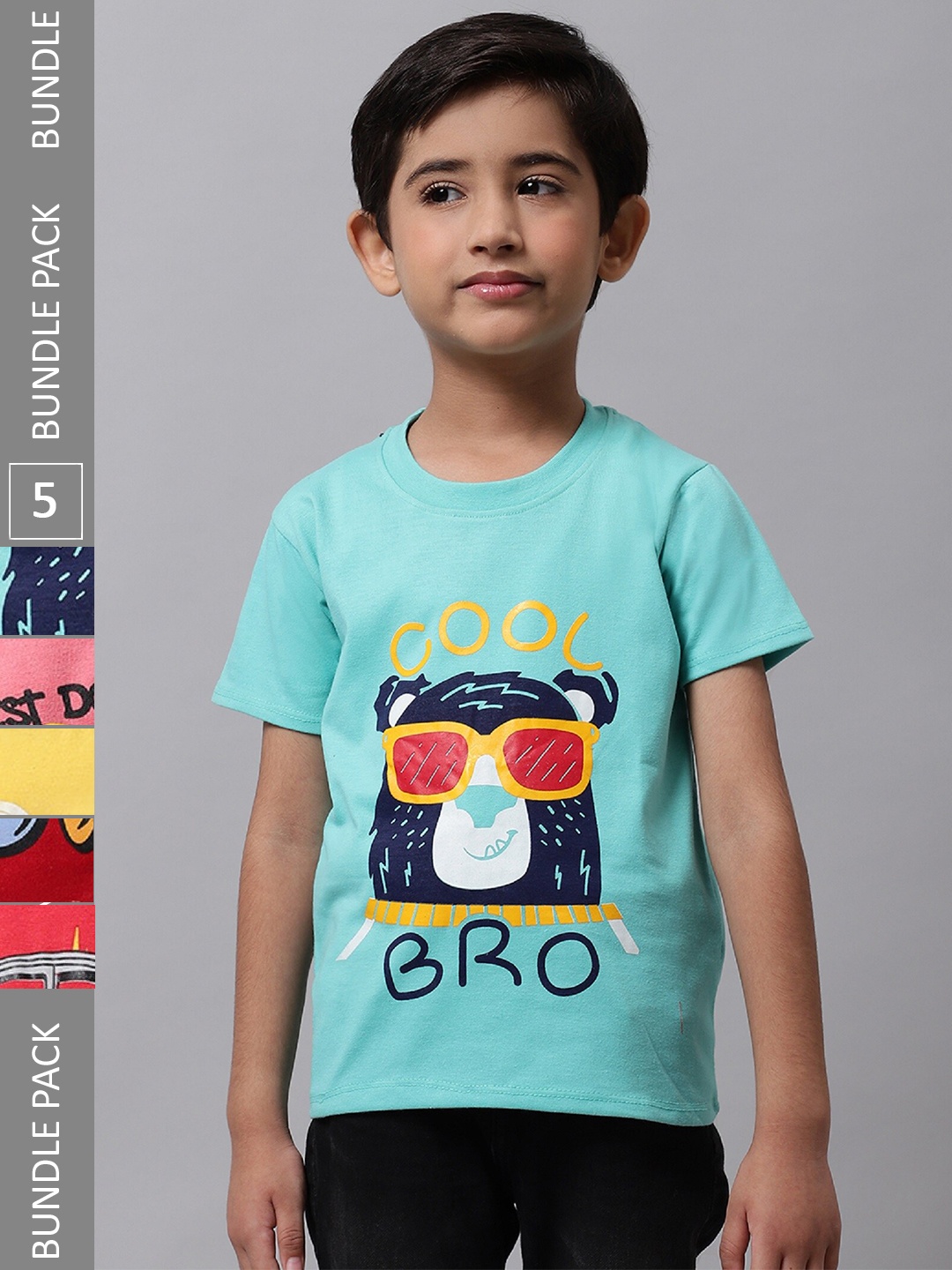 

BAESD Boys Pack Of 5 Printed Round Neck Cotton T-shirts, Sea green