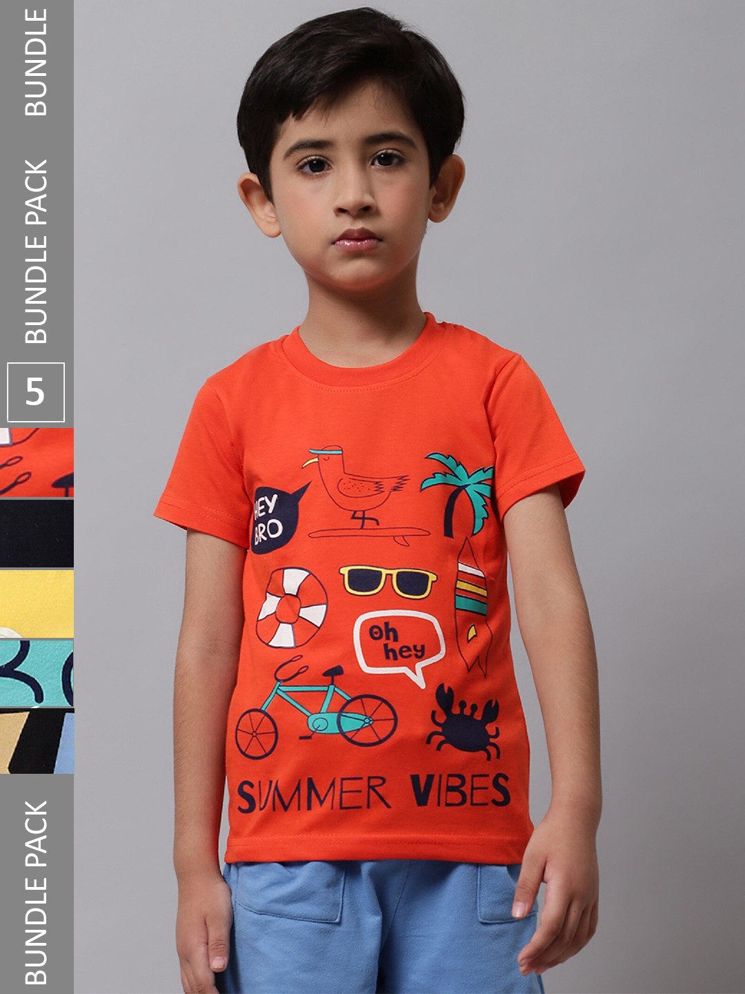 

BAESD Boys Pack Of 5 Printed Cotton T-shirts, Orange