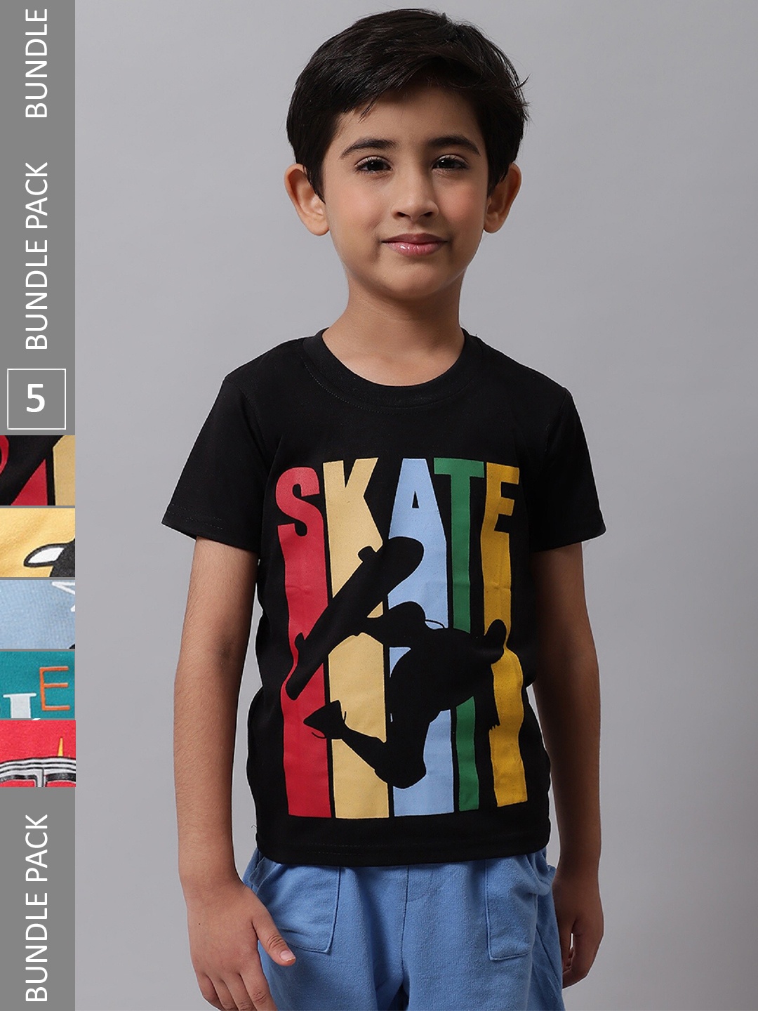 

BAESD Boys Pack Of 5 Graphic Printed Cotton T-shirt, Black