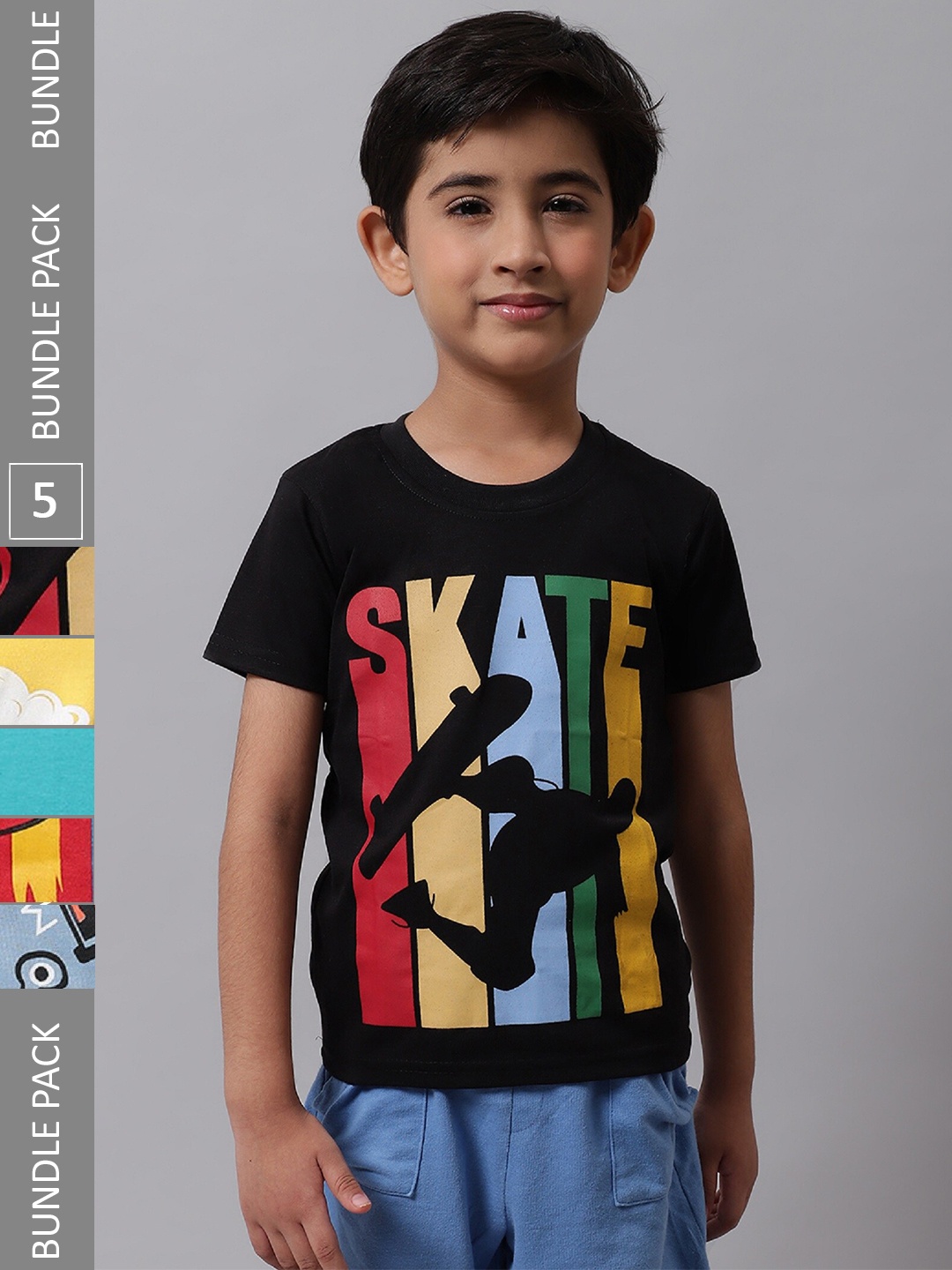 

BAESD Boys Pack Of 5 Graphic Printed Short Sleeves Cotton T-shirt, Blue