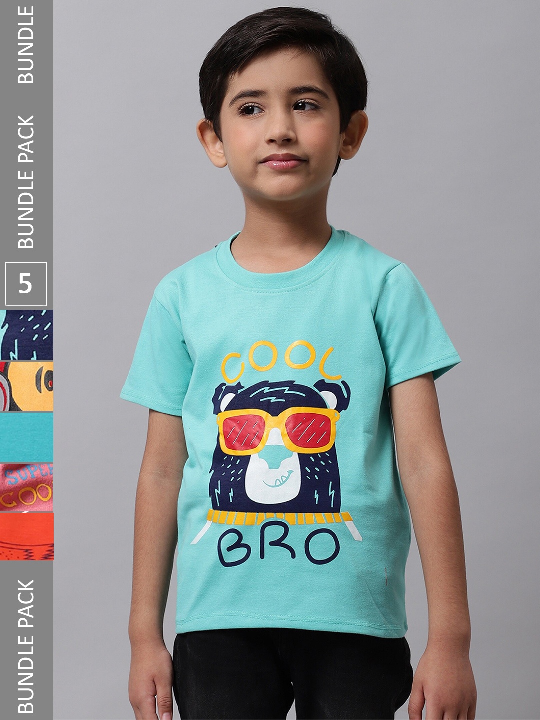 

BAESD Boys Pack Of 5 Graphic Printed Cotton T-shirts, Turquoise blue