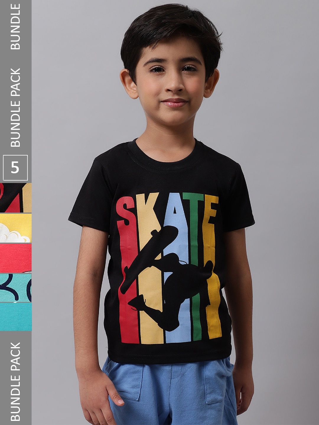 

BAESD Boys Pack Of 5 Graphic Printed Cotton T-shirt, Black