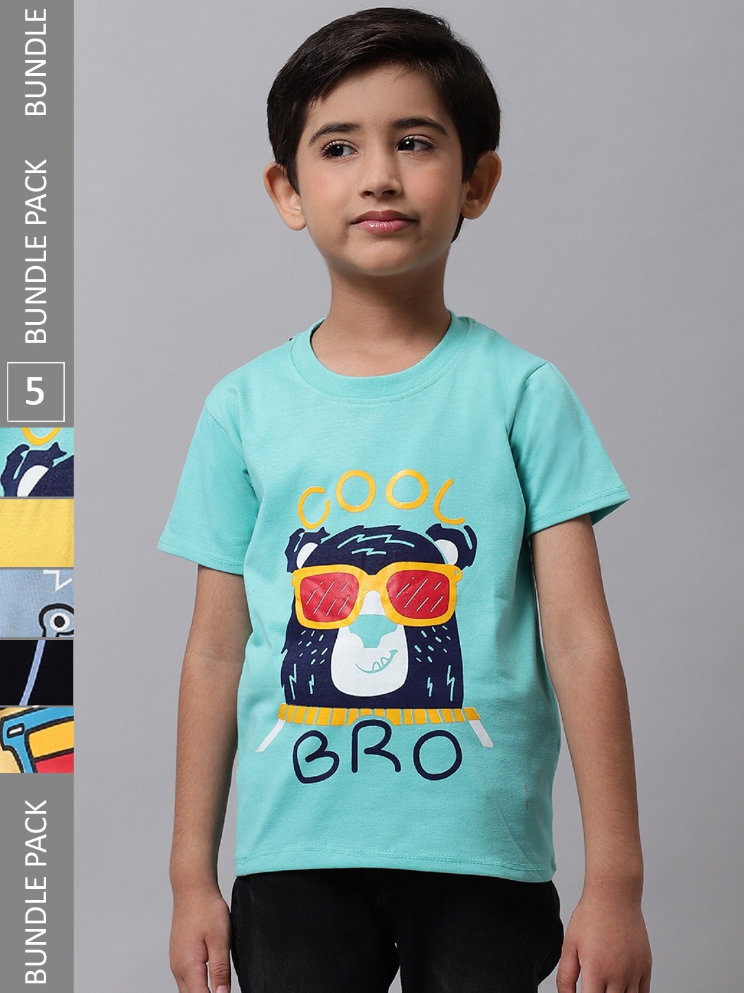 

BAESD Boys Pack Of 5 Printed Round Neck Cotton T-shirts, Sea green
