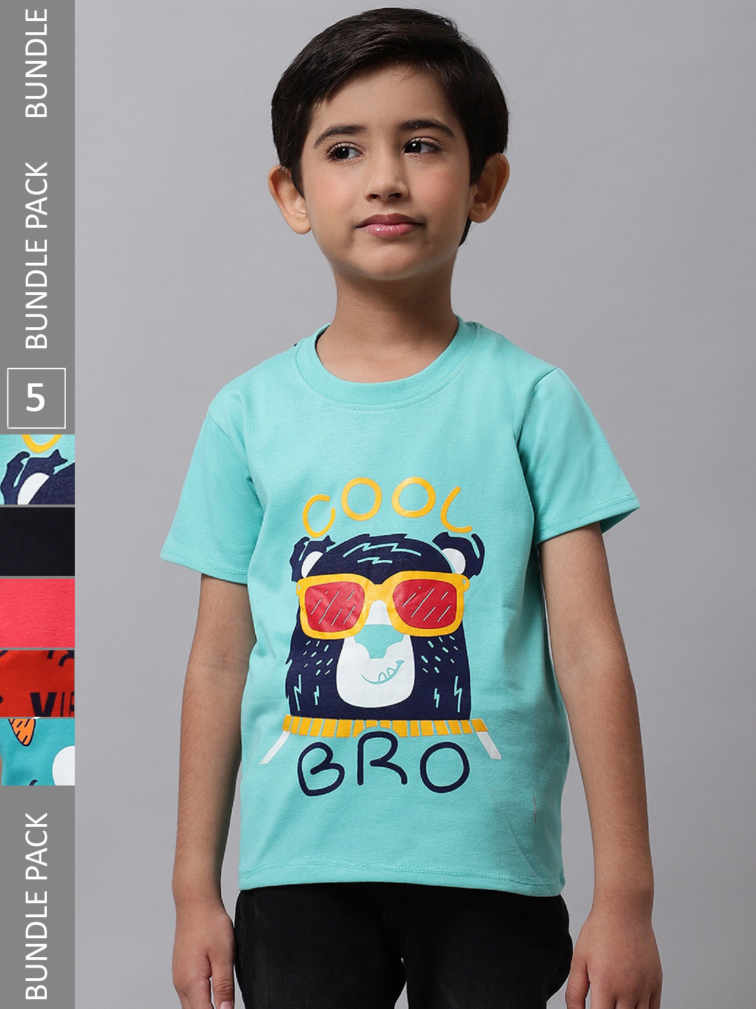 

BAESD Boys Pack Of 5 Printed Cotton T-shirt, Turquoise blue
