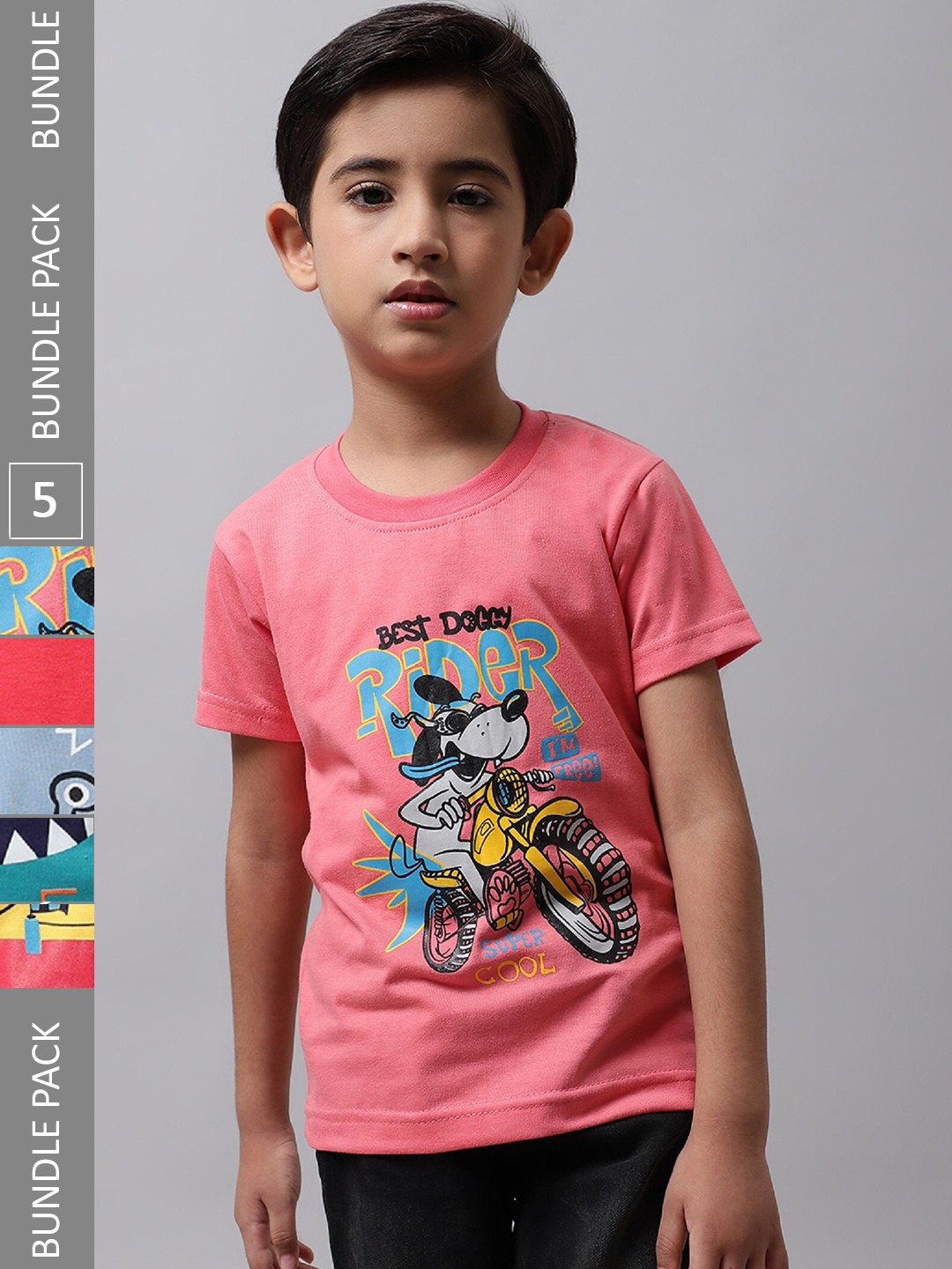 

BAESD Boys Pack Of 5 Graphic Printed Cotton T-shirt, Pink