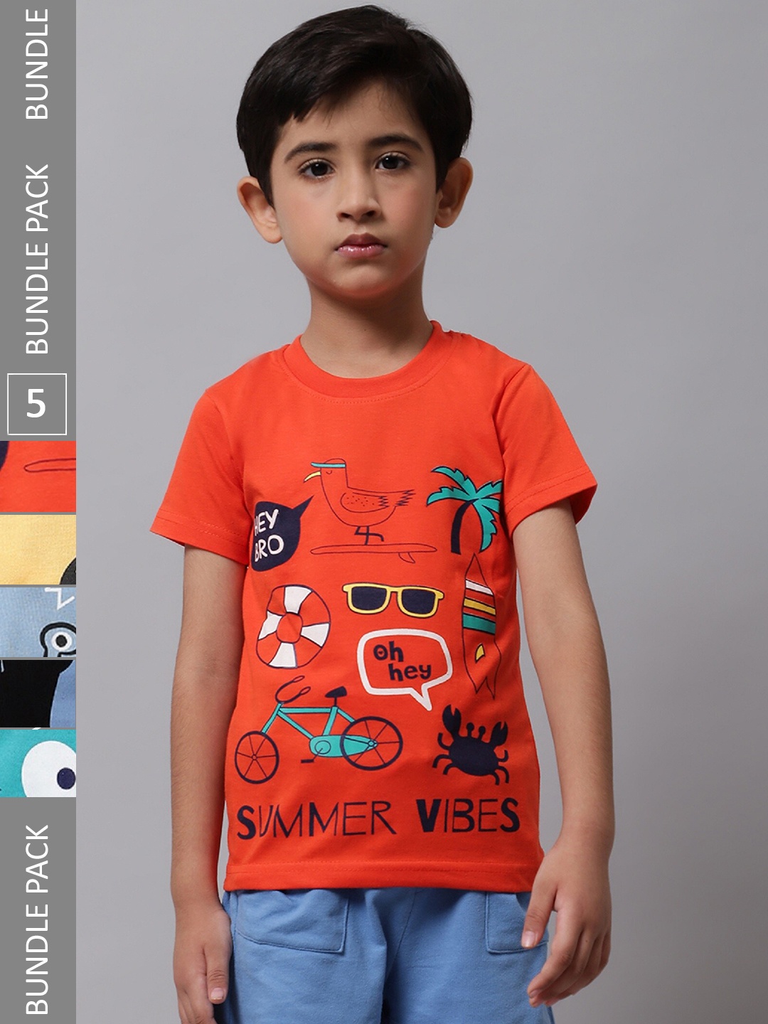 

BAESD Boys Pack Of 5 Graphic Printed Regular Fit Cotton Tshirt, Orange