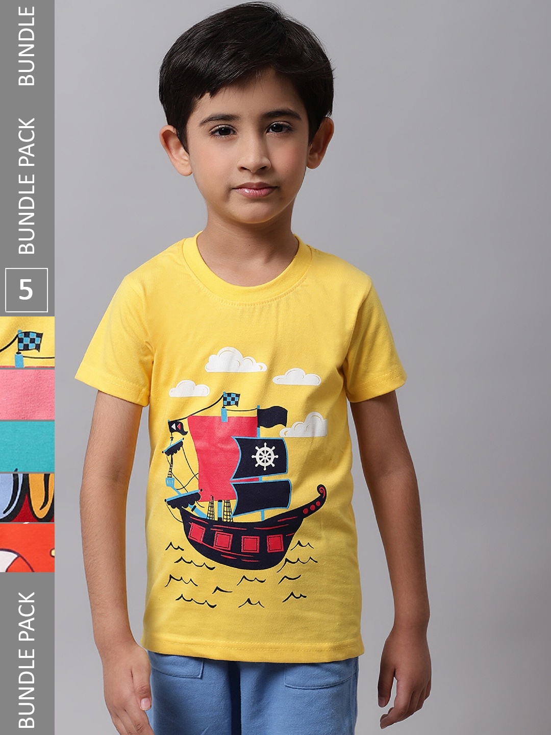

BAESD Boys Pack Of 5 Graphic Printed Cotton T-shirts, Yellow