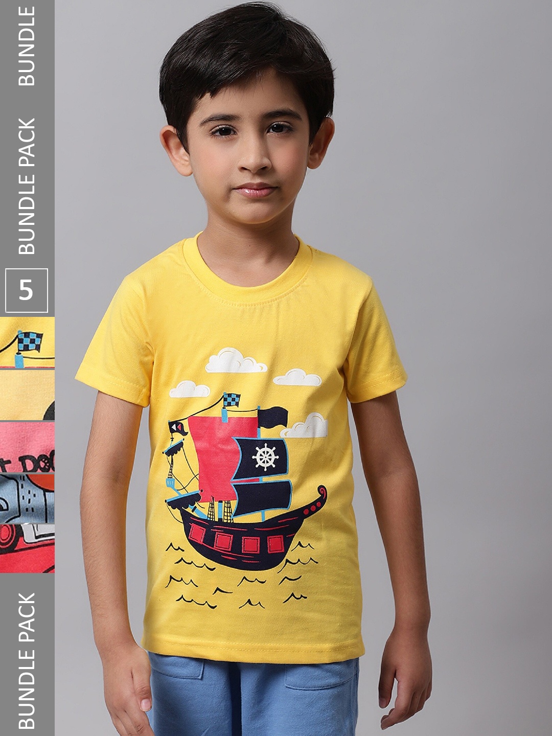 

BAESD Boys Pack Of 5 Printed Regular Fit Cotton T-shirt, Yellow