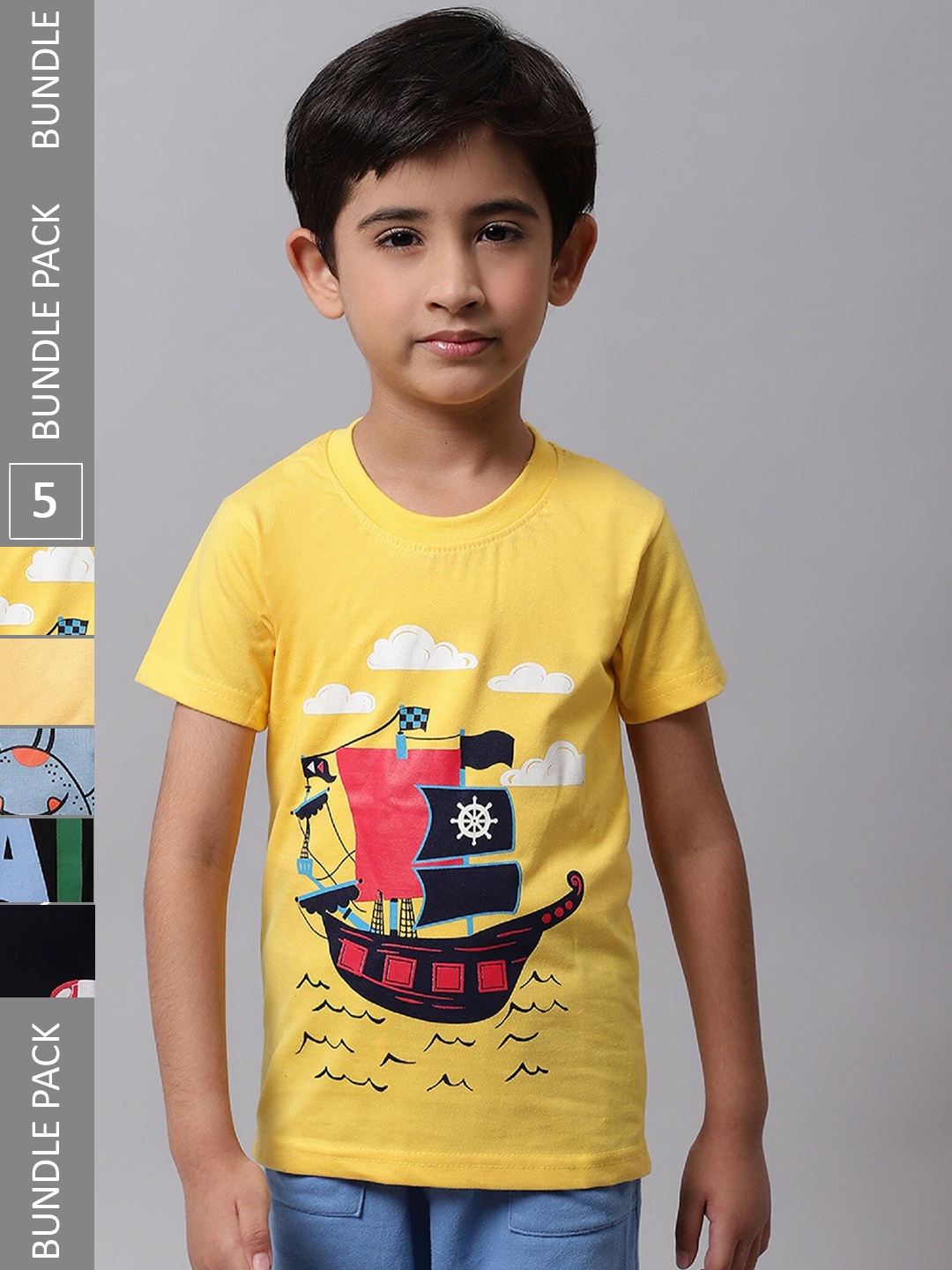 

BAESD Boys Pack Of 5 Graphic Printed Cotton T-shirt, Yellow