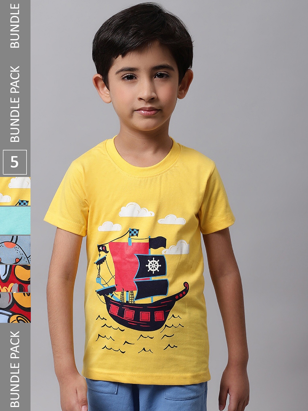 

BAESD Boys Pack Of 5 Graphic Printed Regular Fit Cotton Tshirt, Yellow