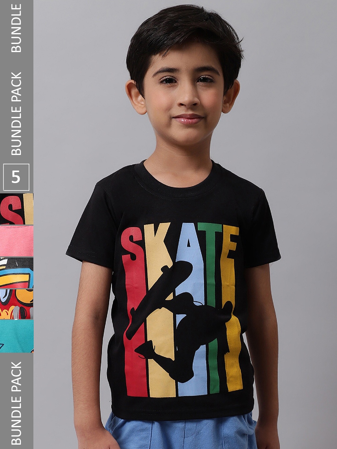

BAESD Boys Pack Of 5 Printed Pure Cotton T-Shirt, Black