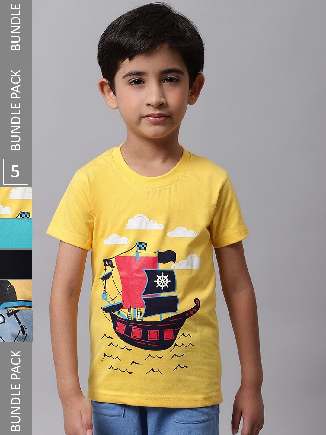 

BAESD Boys Pack Of 5 Printed Cotton T-shirt, Yellow