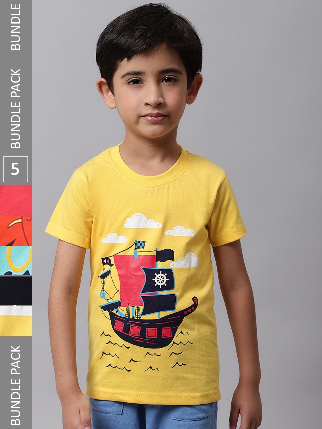 

BAESD Pack Of 5 Boys Graphic Printed Round Neck Cotton T-Shirt, Yellow