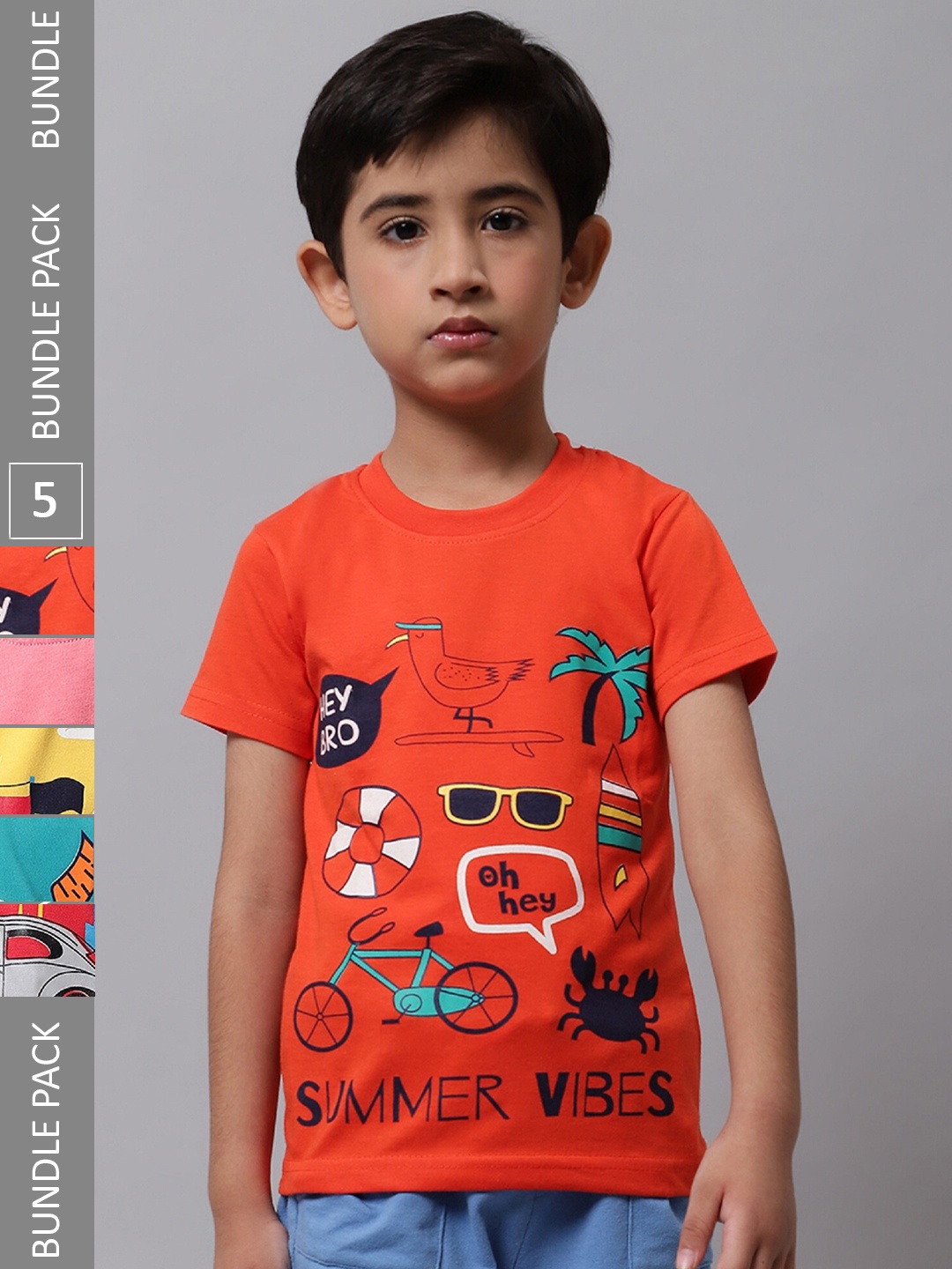 

BAESD Boys Pack Of 5 Graphic Printed Cotton T-shirt, Orange