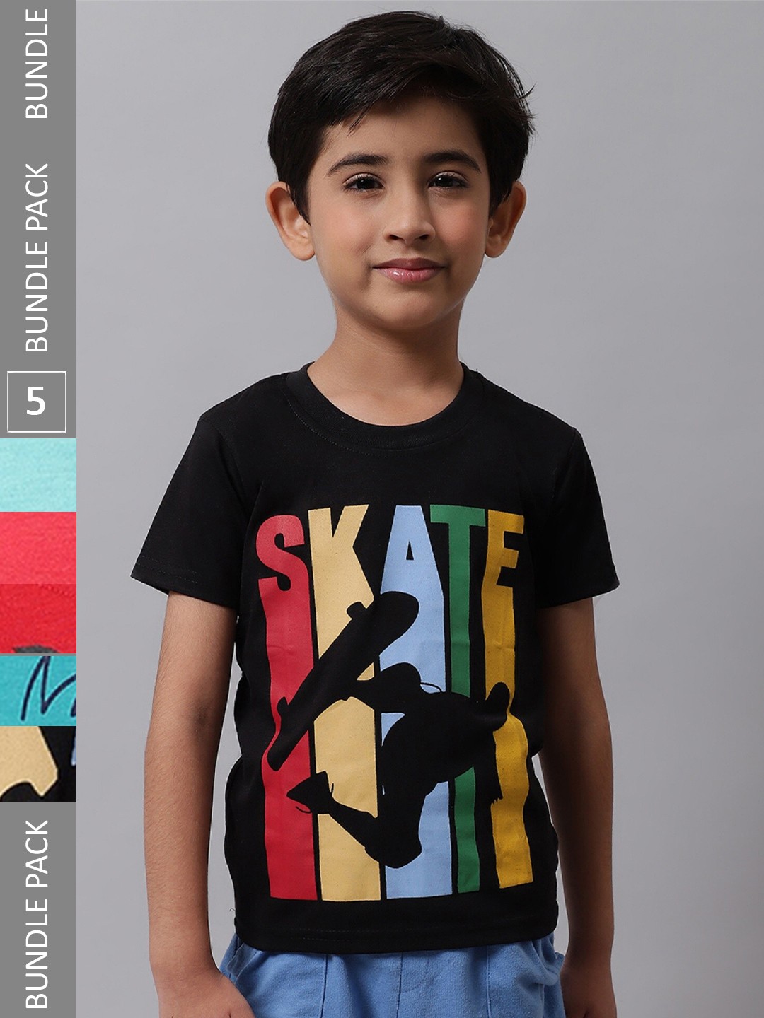 

BAESD Boys Pack Of 5 Typography Printed Round Neck Cotton T-Shirts, Black
