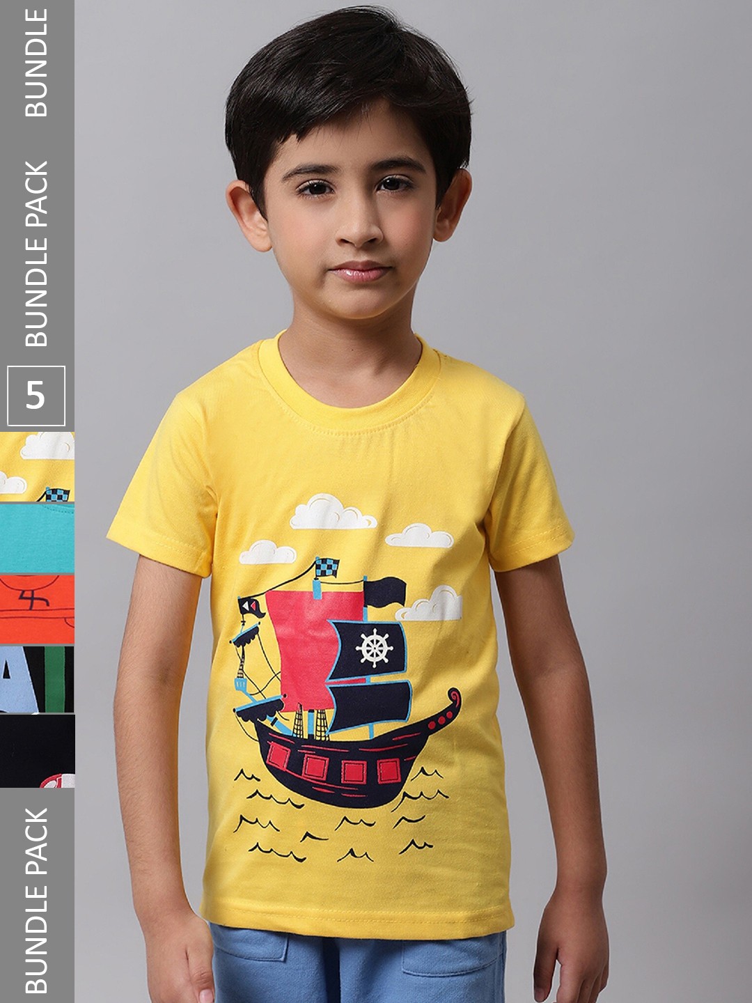 

BAESD Boys Pack Of 5 Graphic Printed Cotton T-Shirts, Yellow