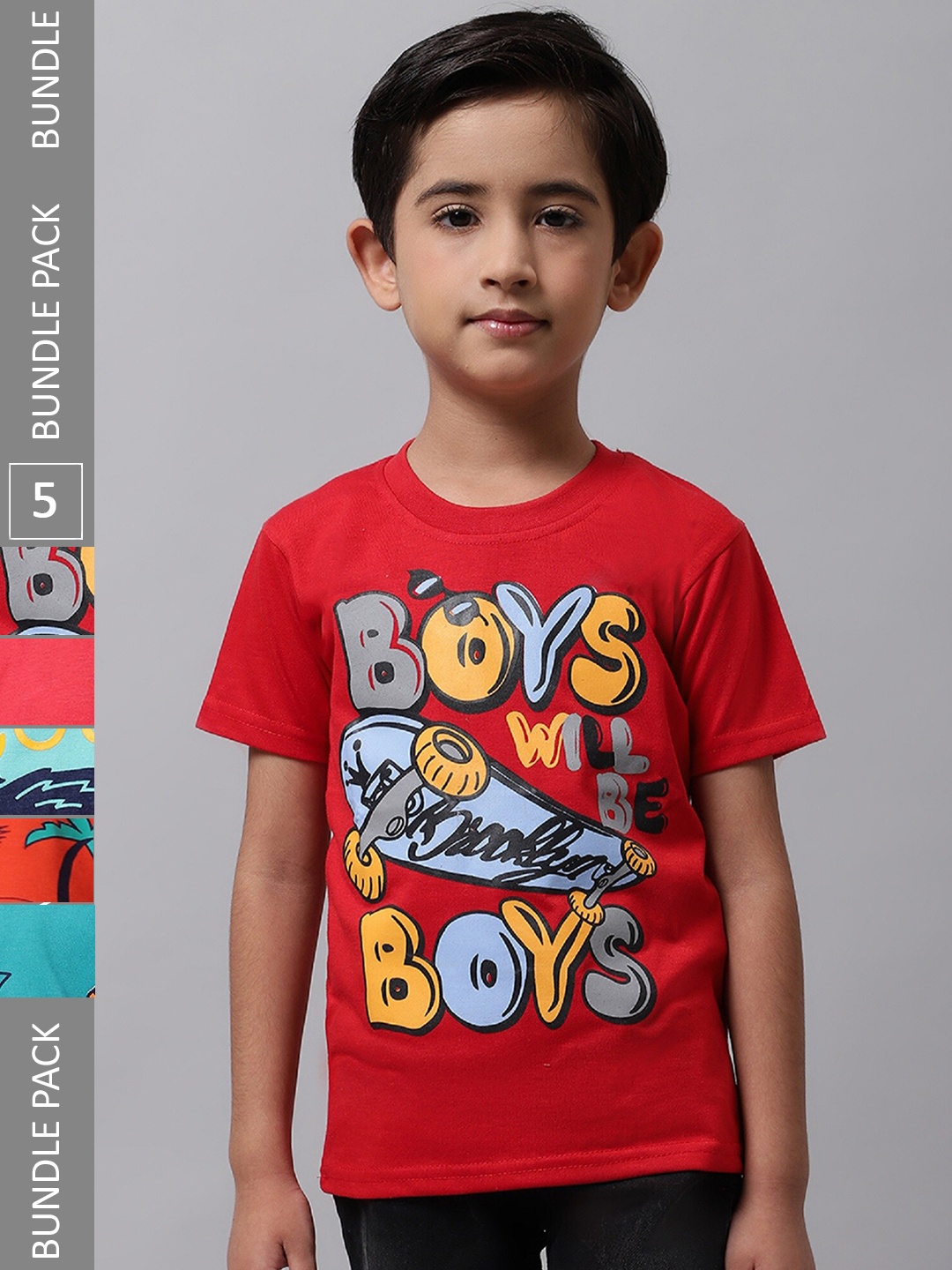 

BAESD Boys Pack Of 5 Graphic Printed Regular Fit Cotton Tshirt, Red