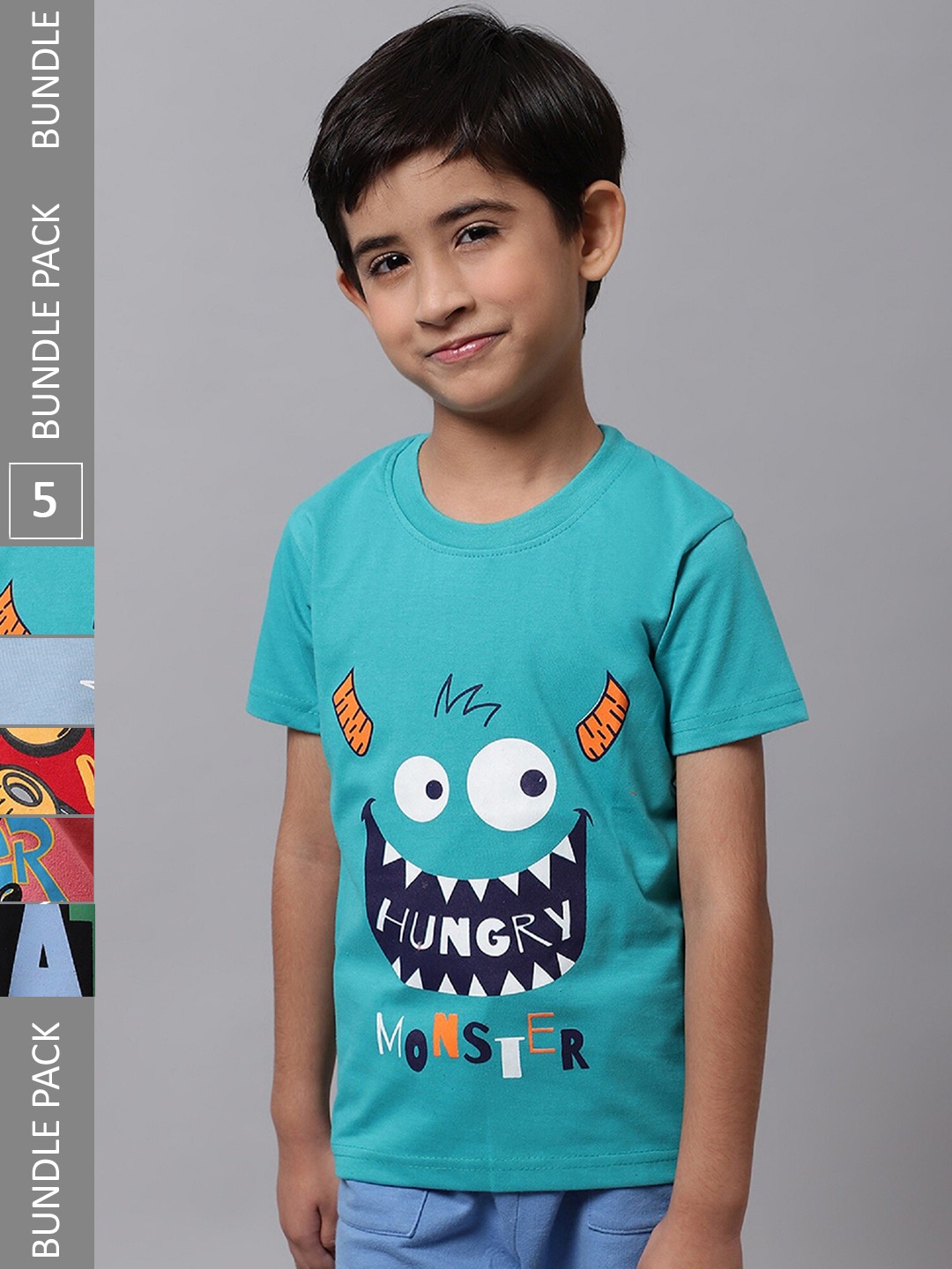 

BAESD Boys Pack Of 5 Graphic Printed Cotton T-shirt, Turquoise blue