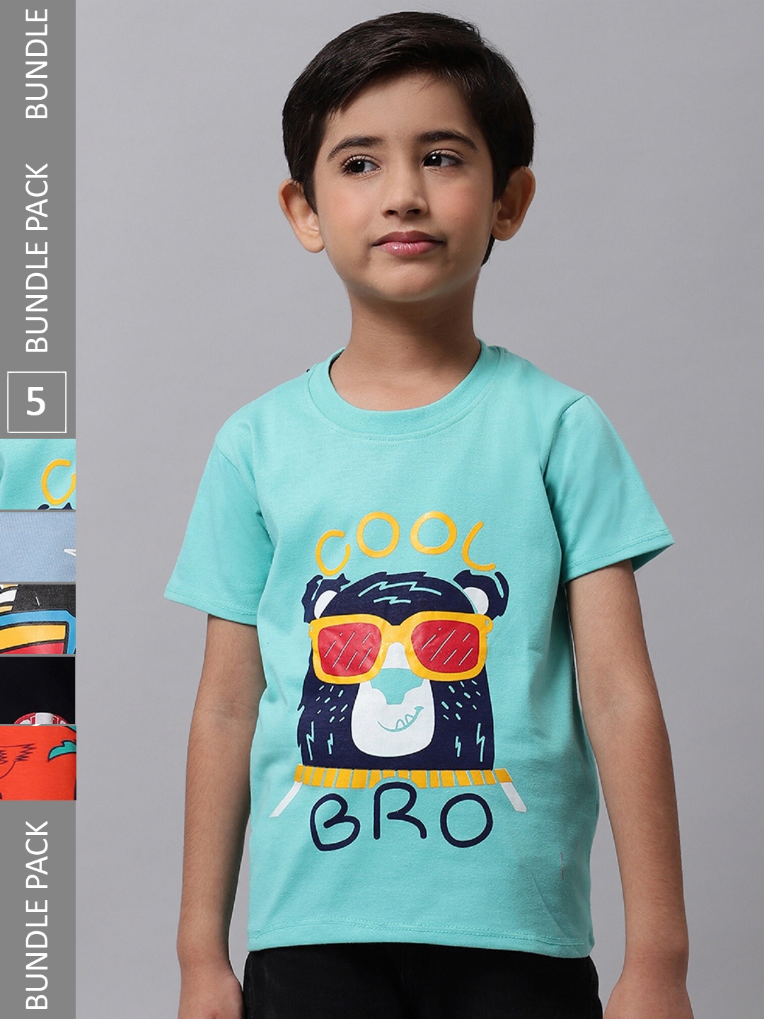 

BAESD Boys Pack Of 5 Graphic Printed Cotton T-shirts, Turquoise blue