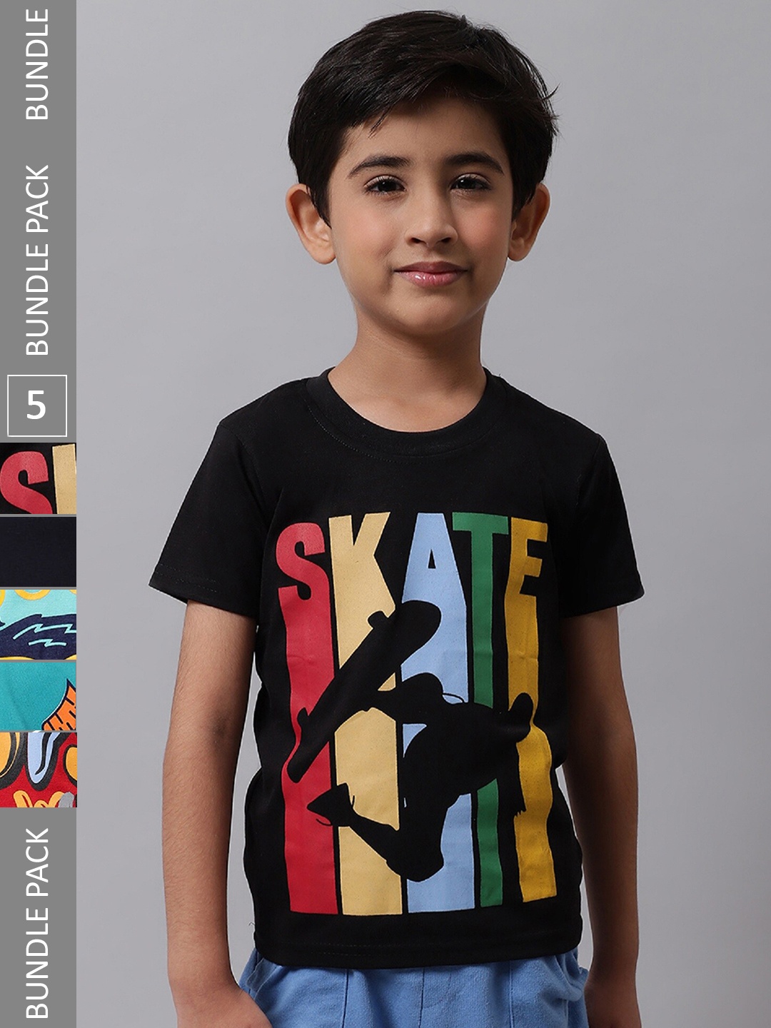 

BAESD Boys Pack Of 5 Printed Cotton T-shirt, Black