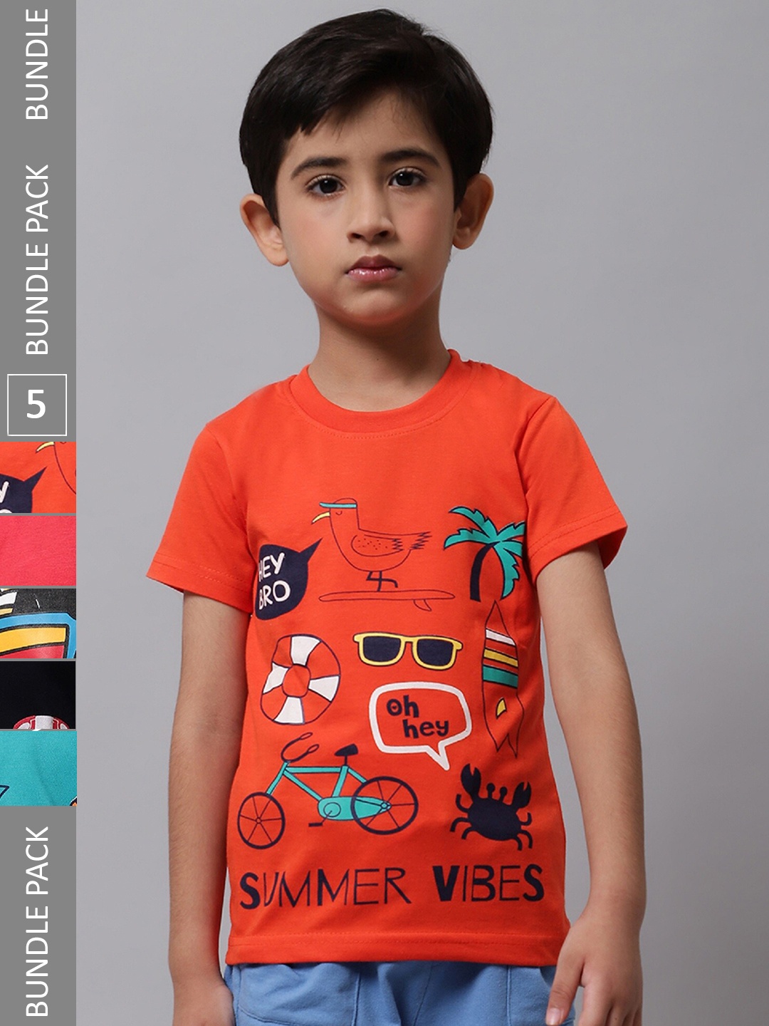 

BAESD Boys Pack Of 5 Printed Round Neck Cotton T-shirts, Orange