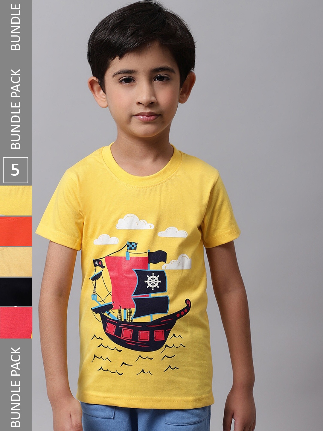 

BAESD Boys Pack Of 5 Graphic Printed Cotton T-shirts, Yellow