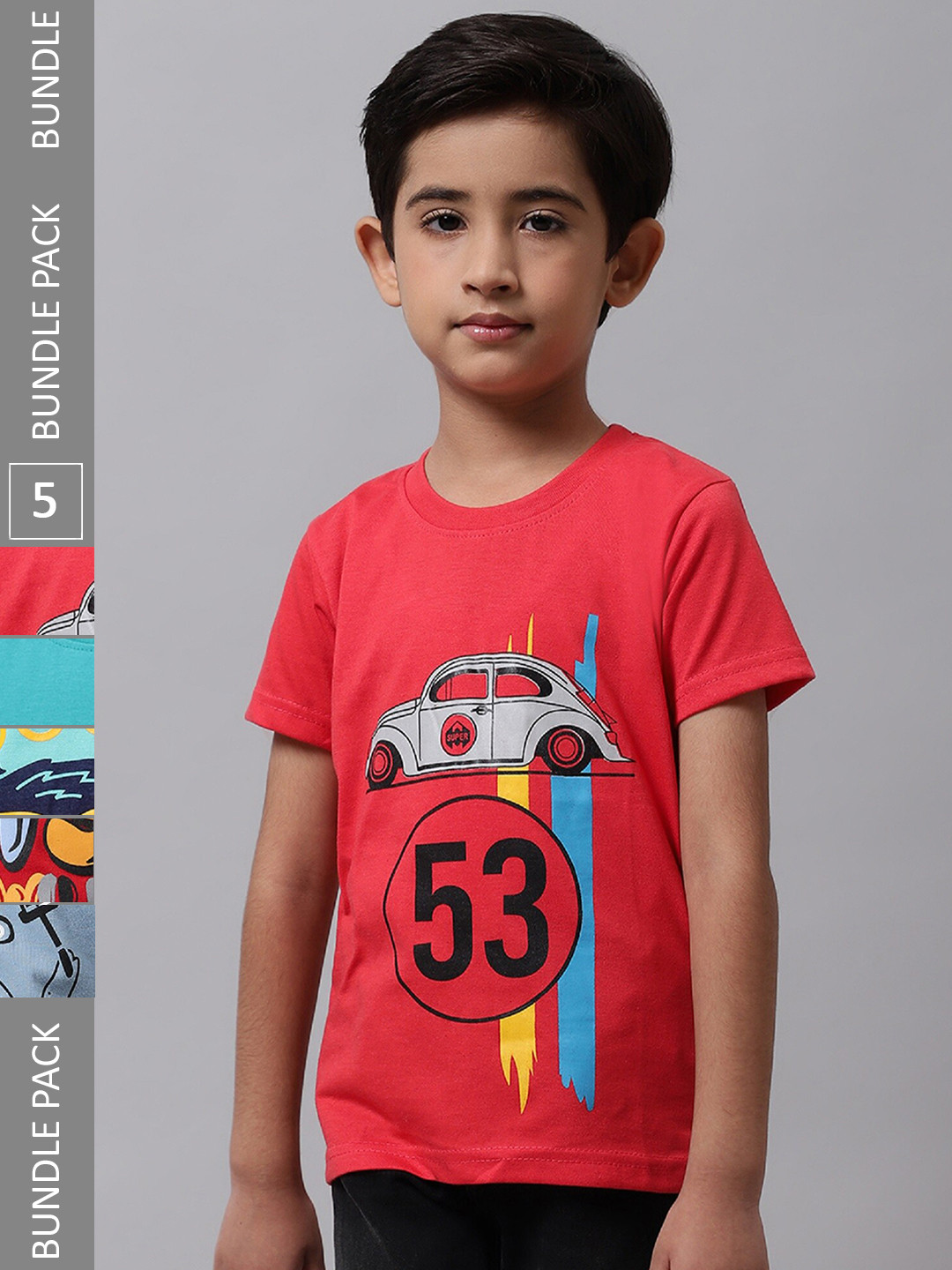 

BAESD Boys Pack Of 5 Graphic Printed Cotton T-shirts, Red