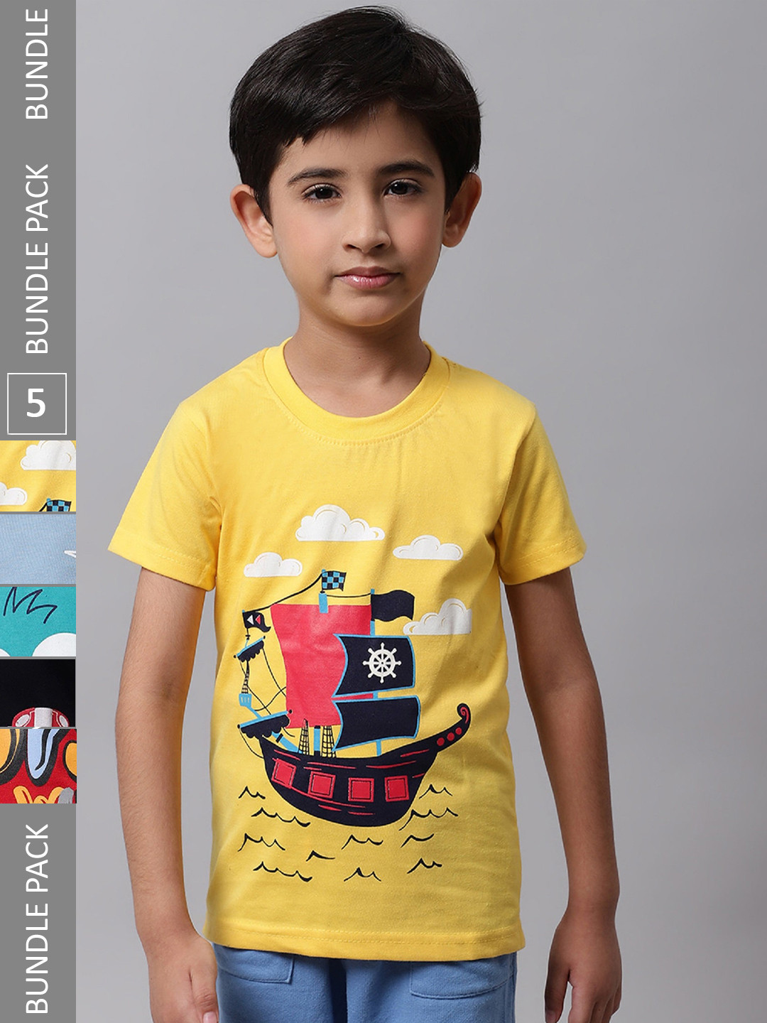 

BAESD Boys Pack of 5 Printed Cotton T-shirts, Yellow