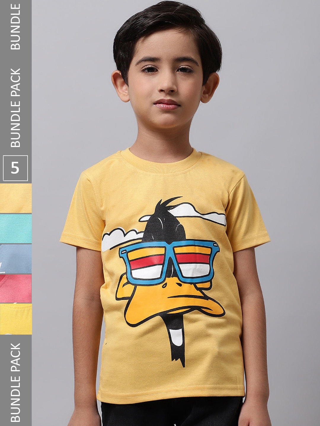 

BAESD Boys Pack Of 5 Graphic Printed Cotton T-shirts, Yellow