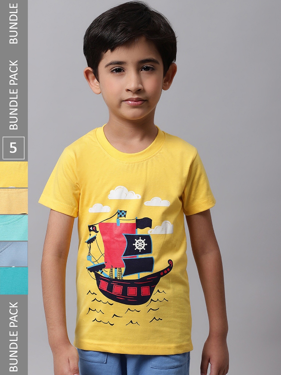 

BAESD Boys Pack Of 5 Graphic Printed Cotton T-Shirt, Yellow