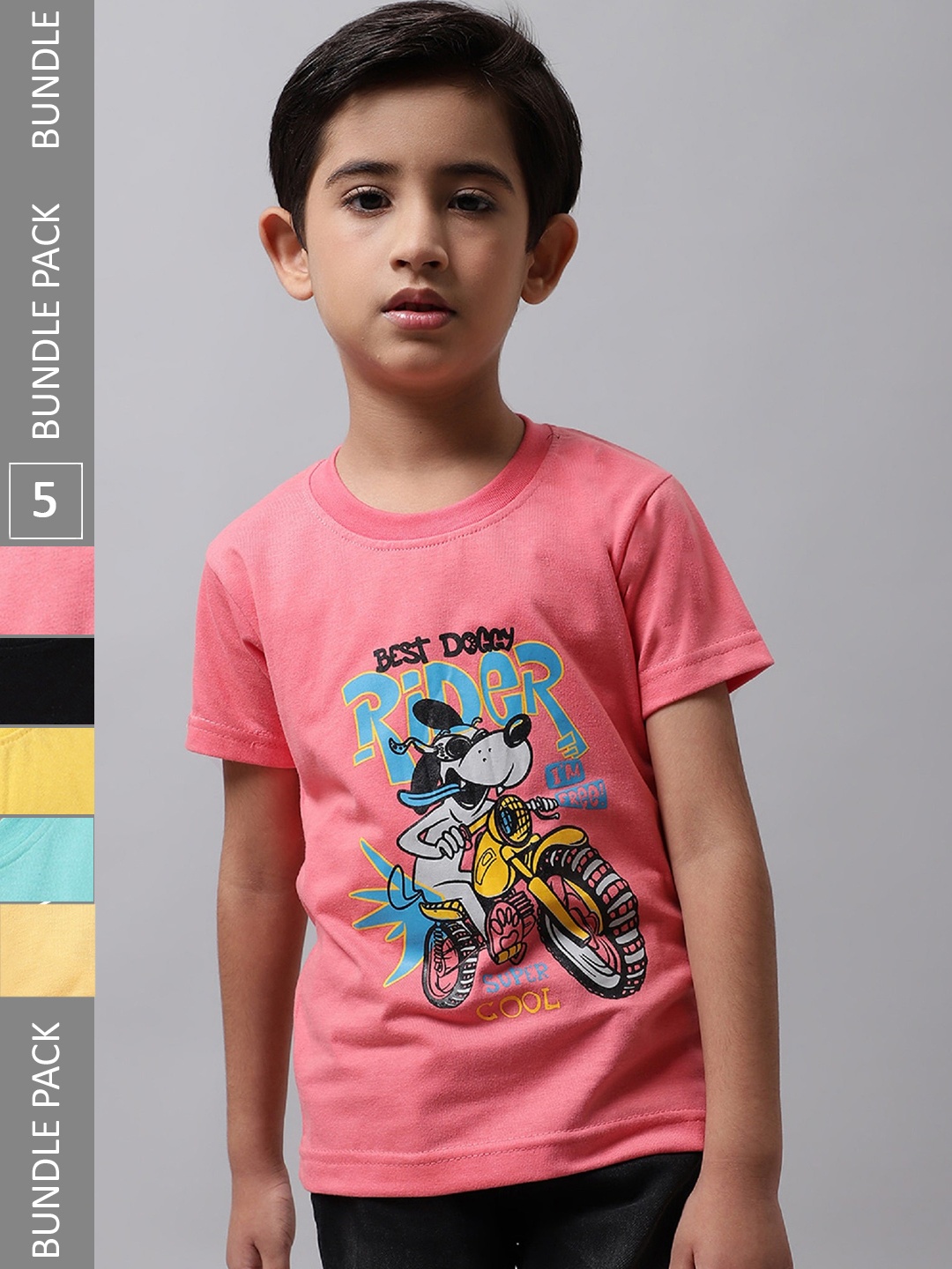 

BAESD Boys Pack of 5 Graphic Printed Cotton T-shirts, Pink