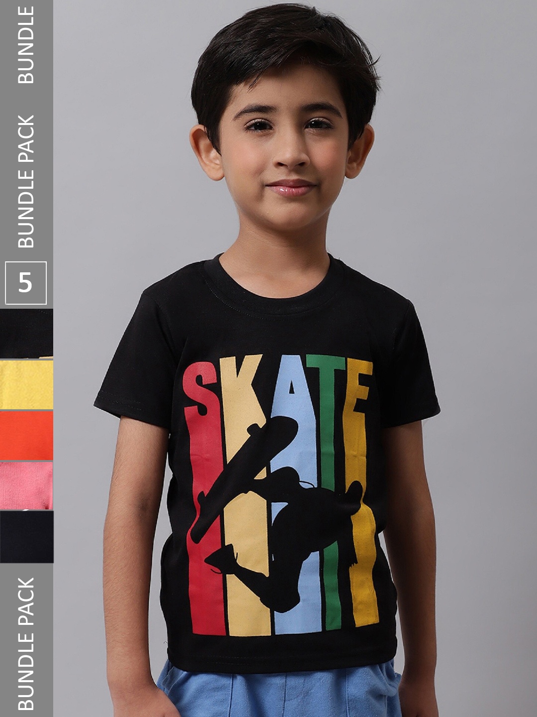 

BAESD Boys Pack Of 5 Graphic Printed Knitted Cotton T-Shirts, Black