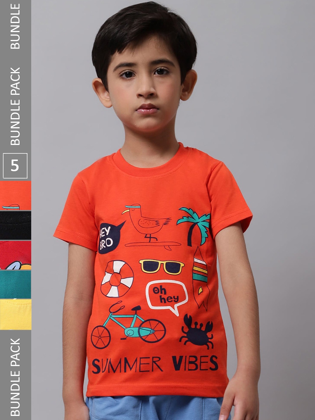 

BAESD Boys Pack Of 5 Typography Printed Cotton T-shirt, Orange