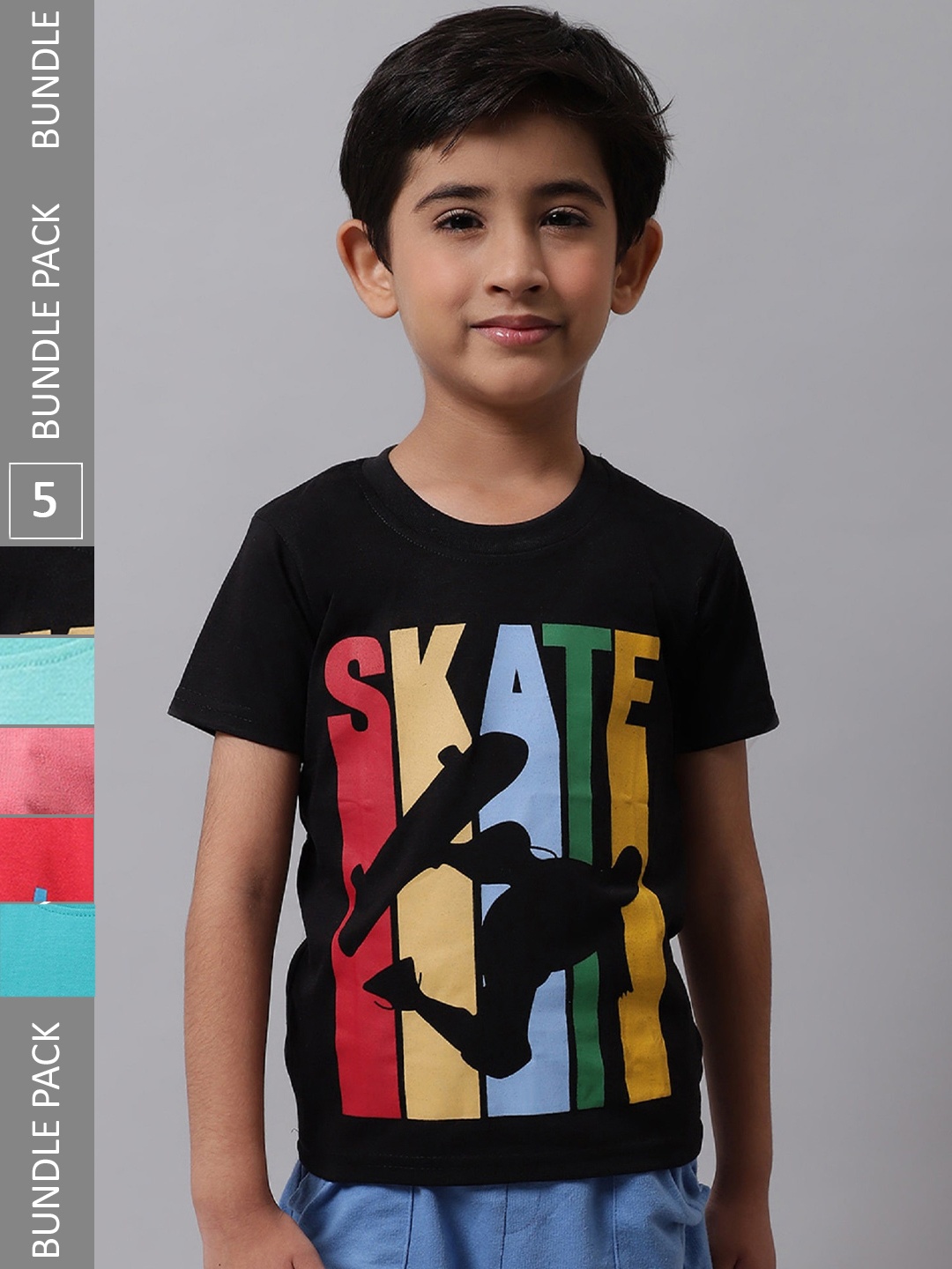 

BAESD Boys Pack Of 5 Printed Cotton T-Shirt, Black