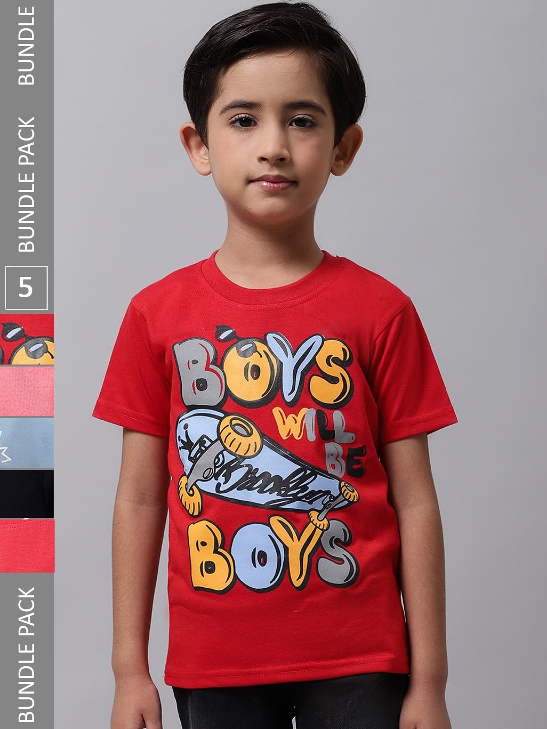 

BAESD Boys Pack Of 5 Graphic Printed Cotton T-Shirts, Red