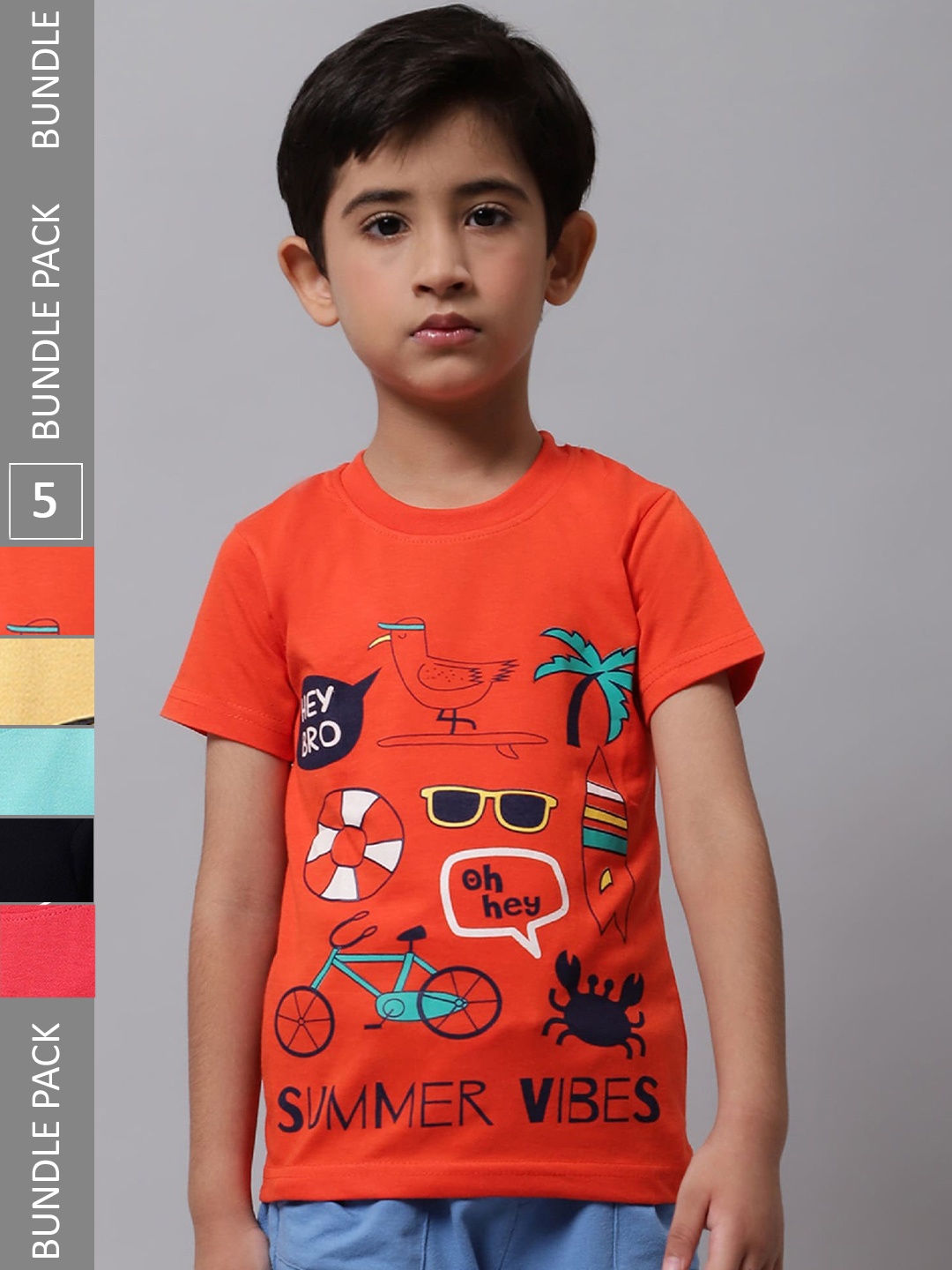 

BAESD Boys Pack of 5 Graphic Printed Cotton T-shirt, Orange